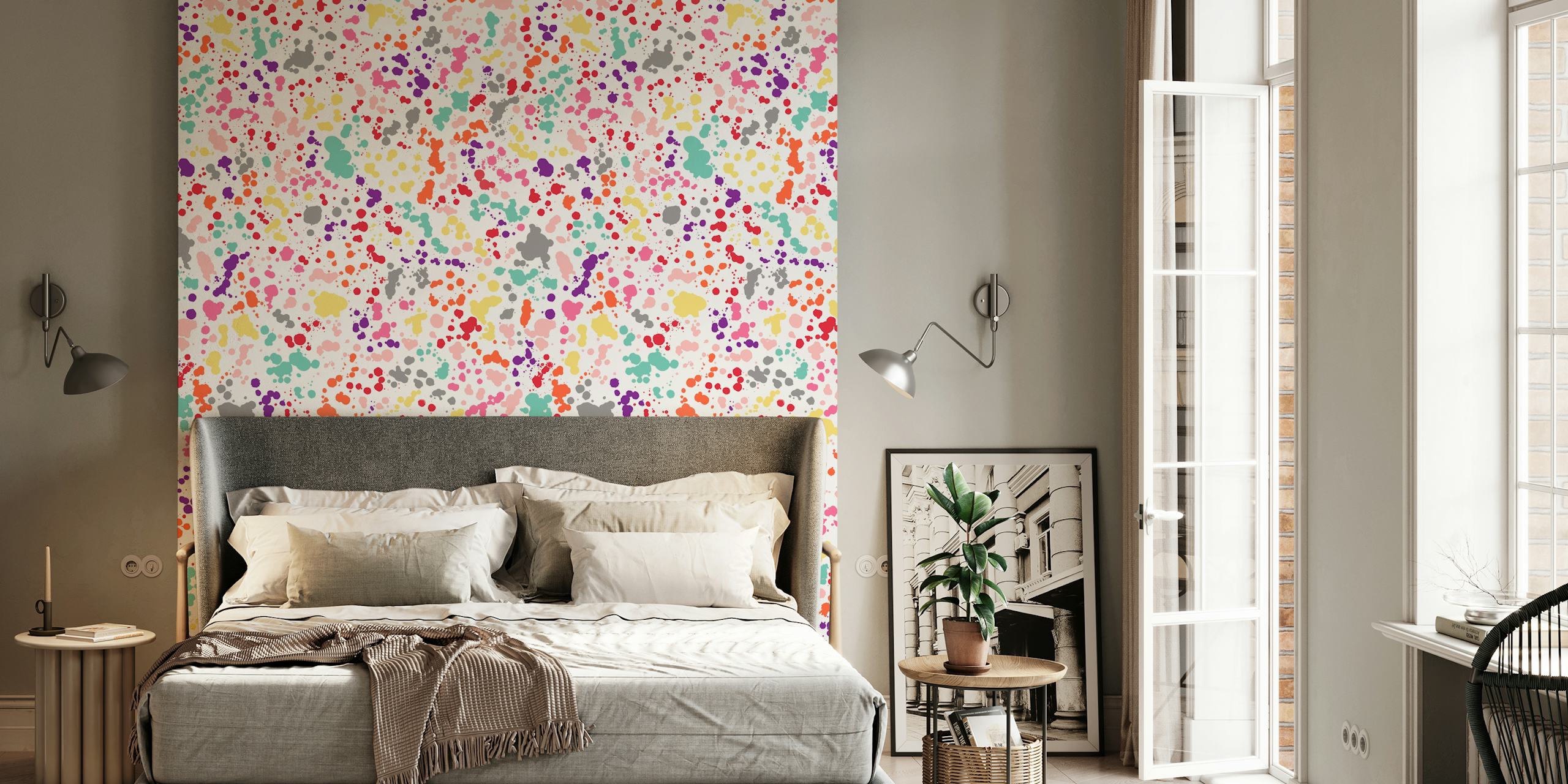 Colorful splatter wallpaper in a room