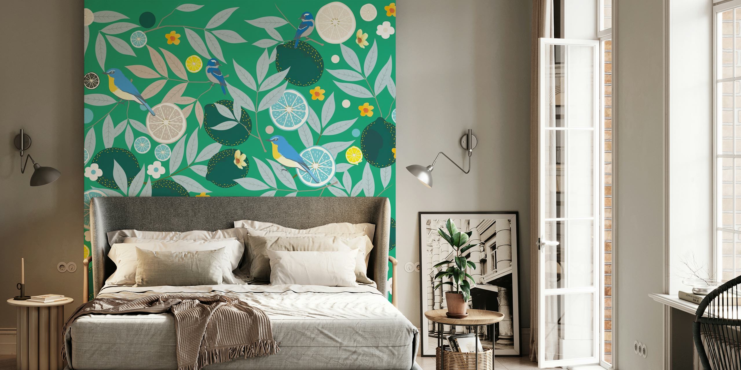 Tapeta Emeraldgreen citrus garden s modrými ptáky