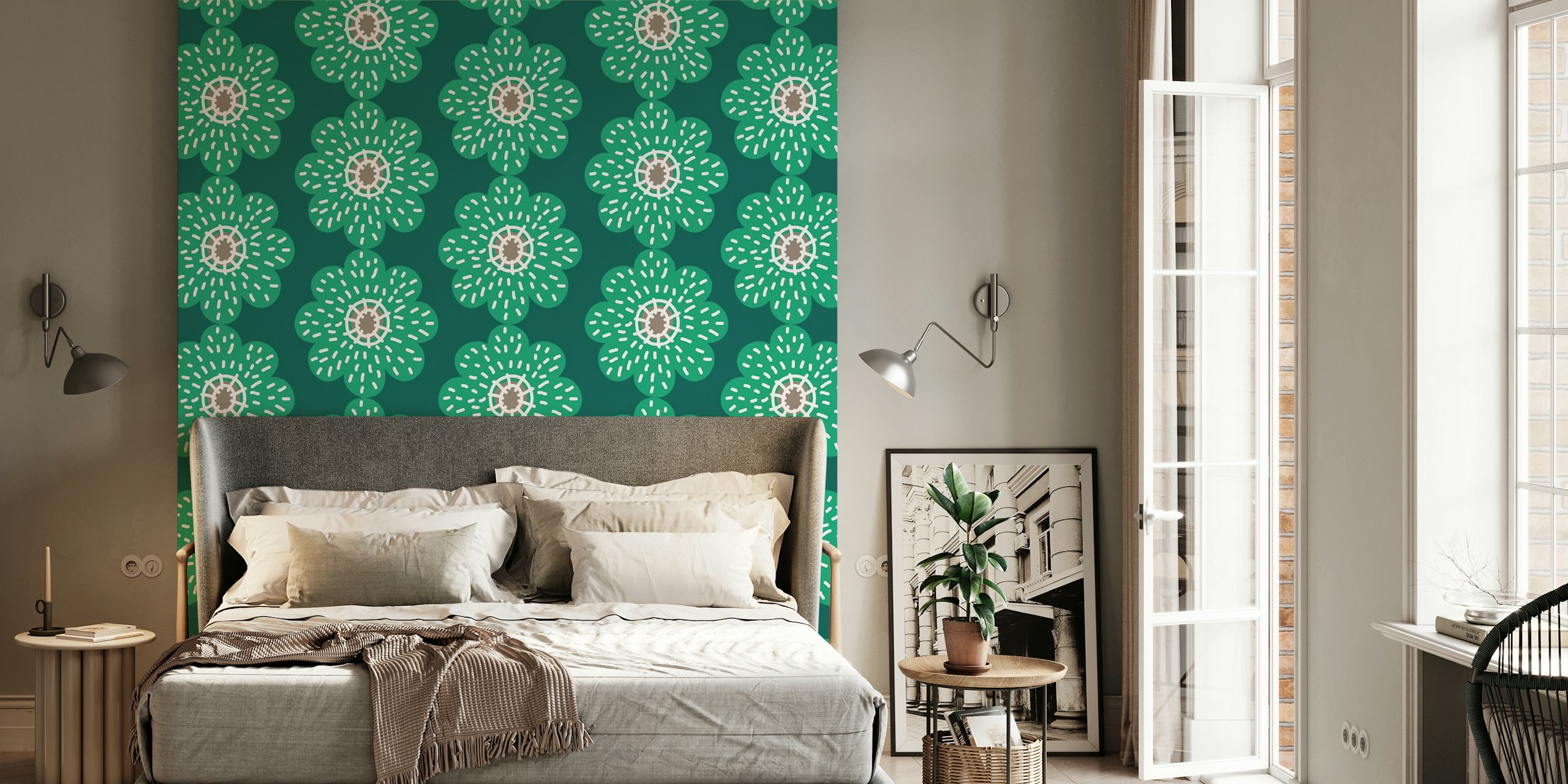 Large scale forest green flowers wallpaper in a room