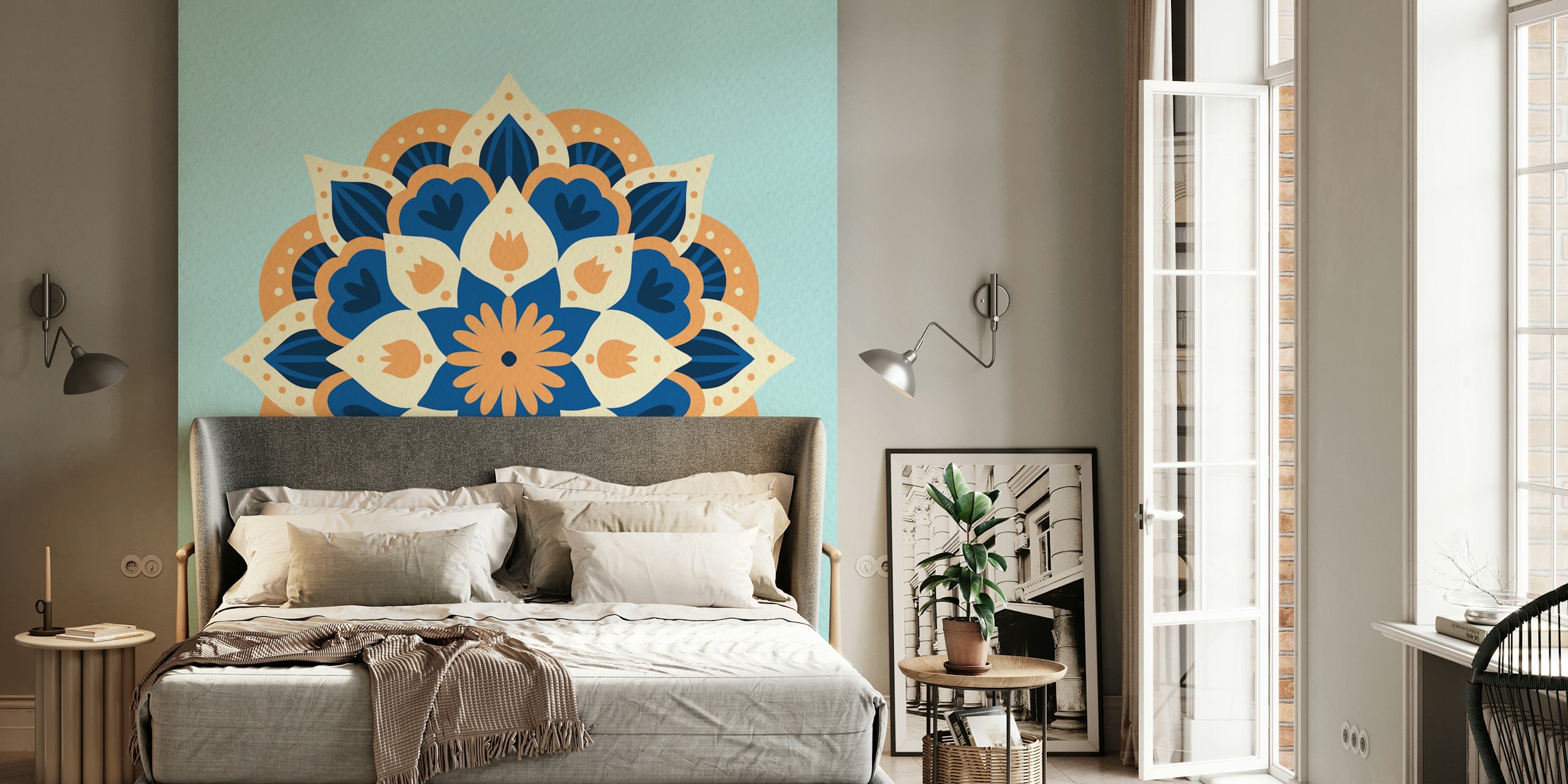 Πορτοκαλί μπλε Modern dahlia mandala ταπετσαρία