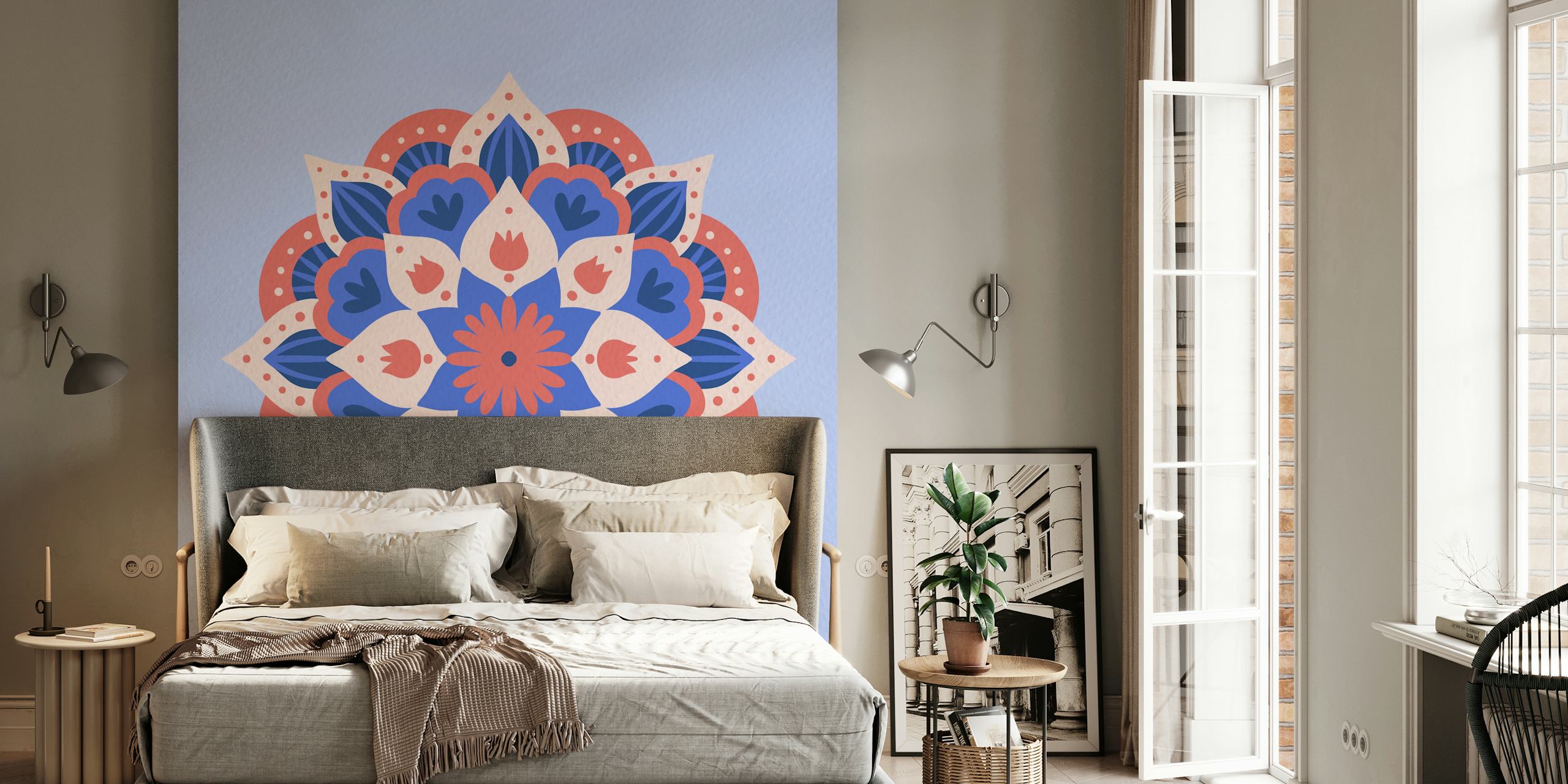 Modern dahlia mandala wallpaper in red and blue