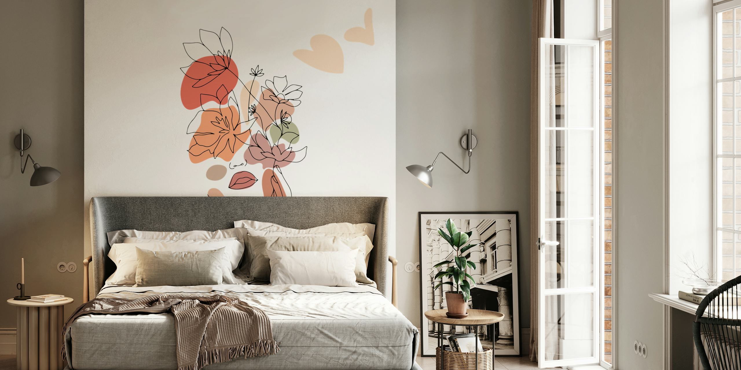 Minimalist line drawing of a woman with flowers wall mural