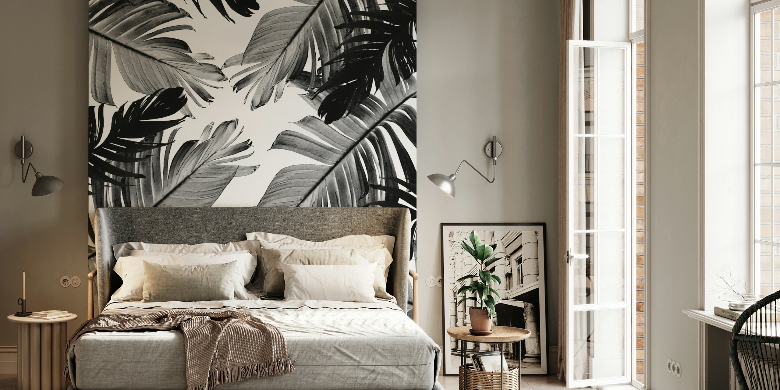 Black and white tropical banana leaves wallpaper