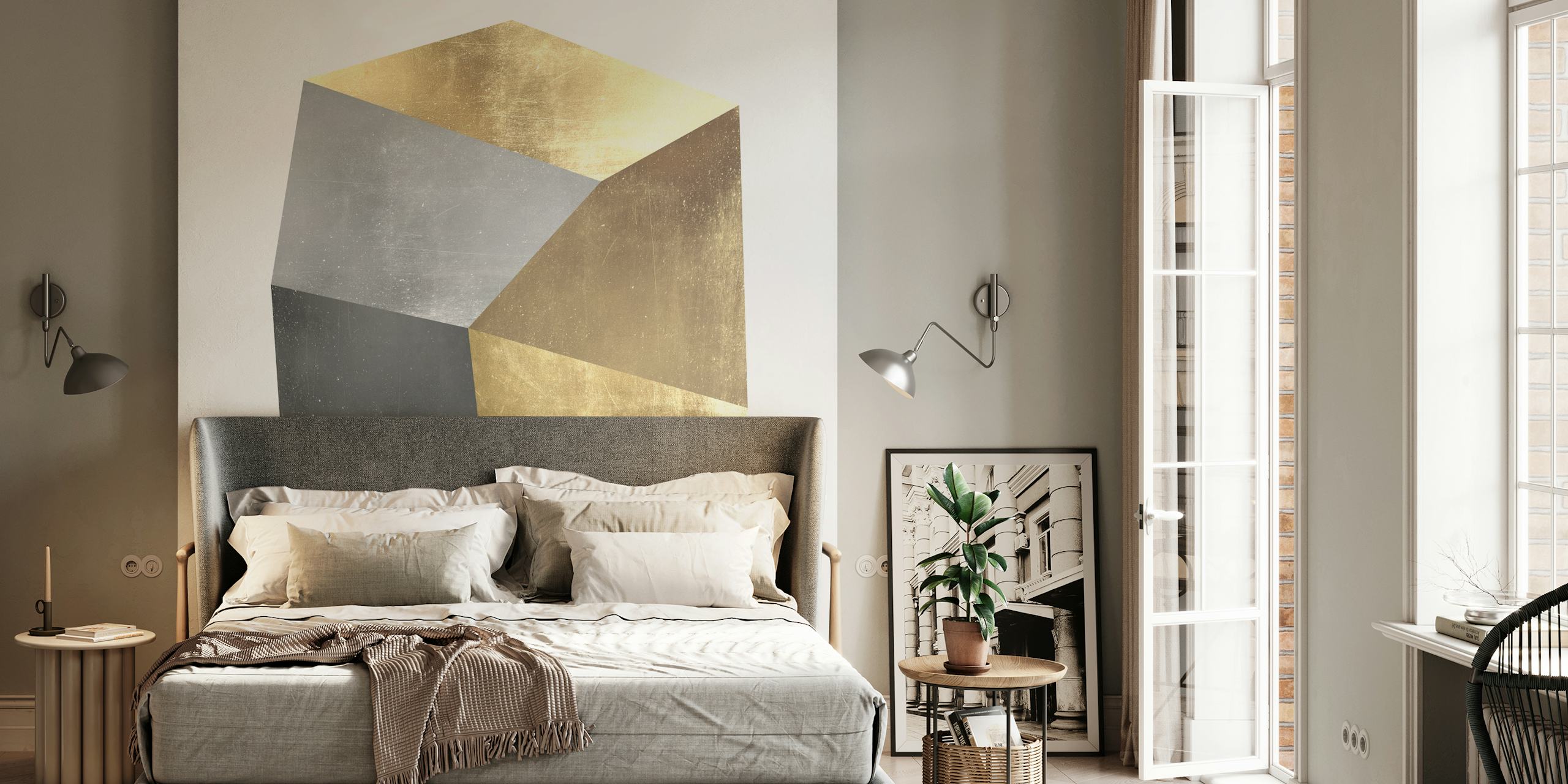 Gold and metal geometric figure wallpaper with metallic sheen