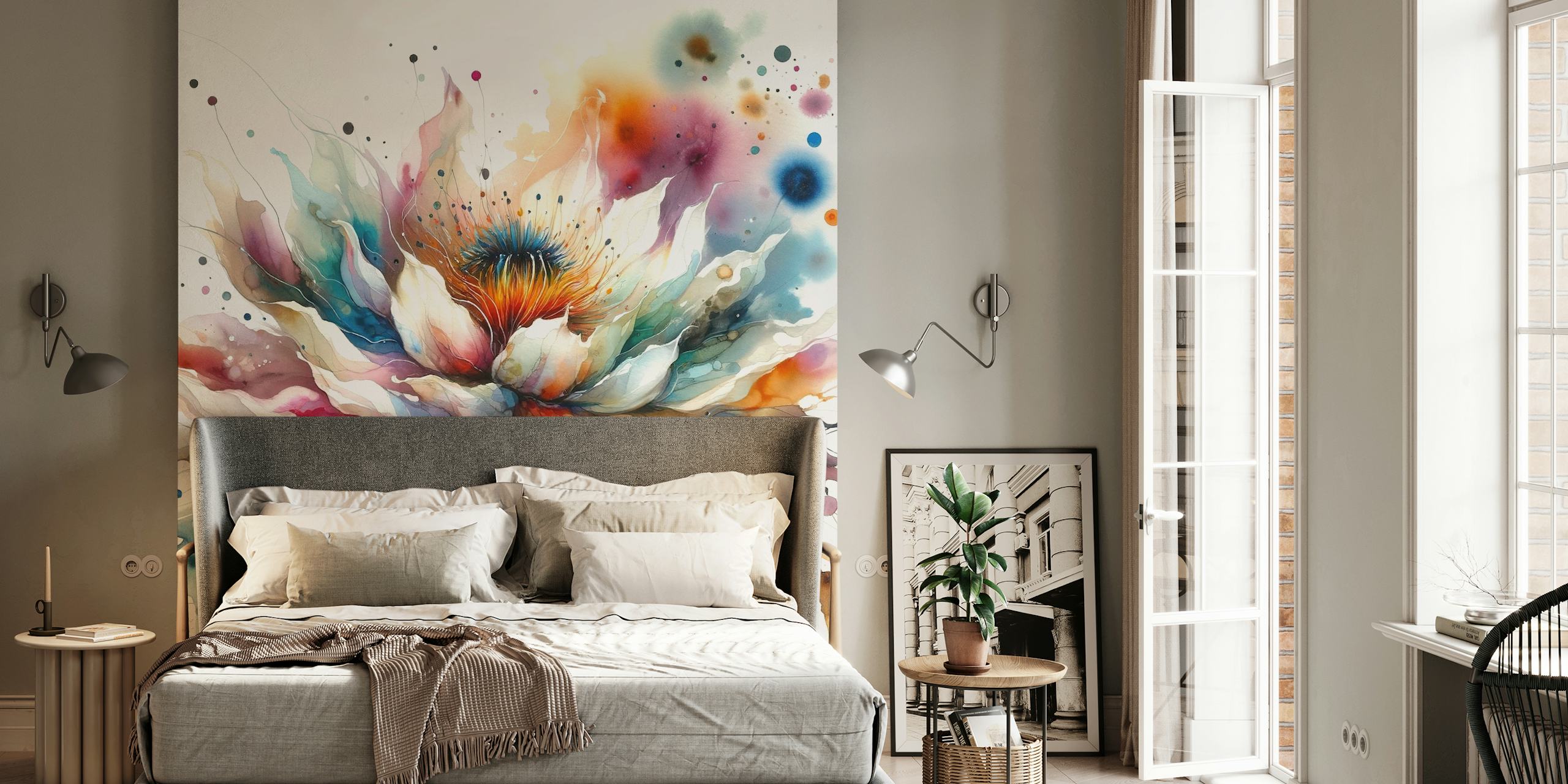 Vibrant flower design in soft pastels and bright splashes, watercolor style wallpaper