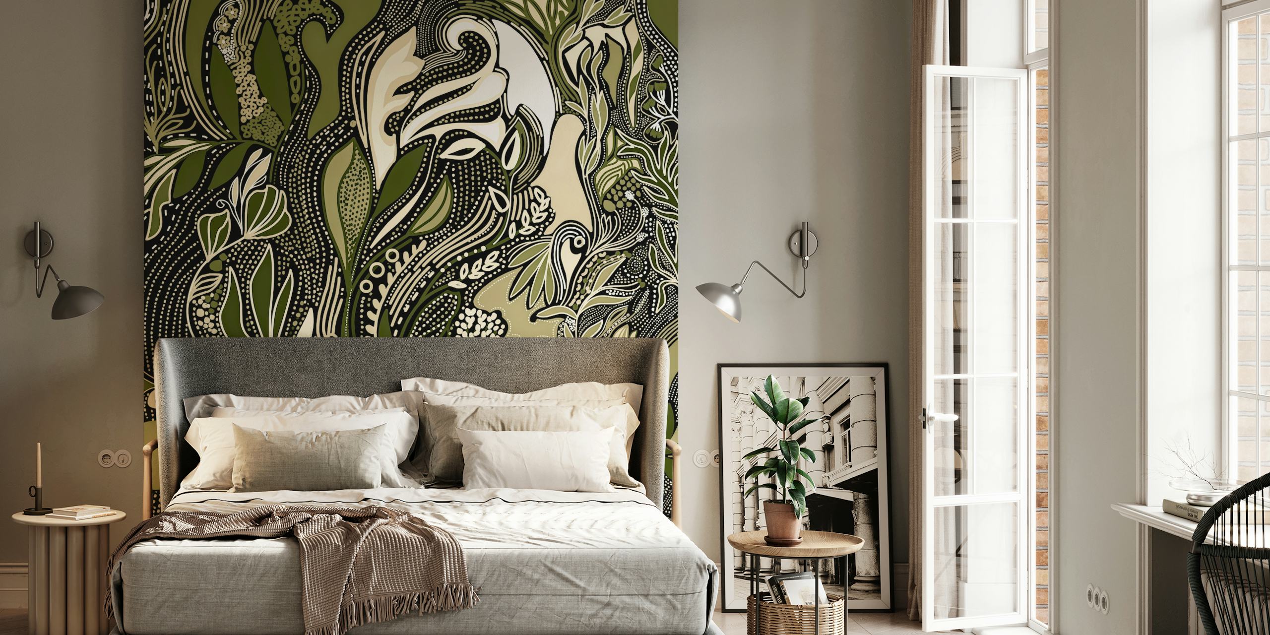 Botanical pattern in green and beige tones wallpaper