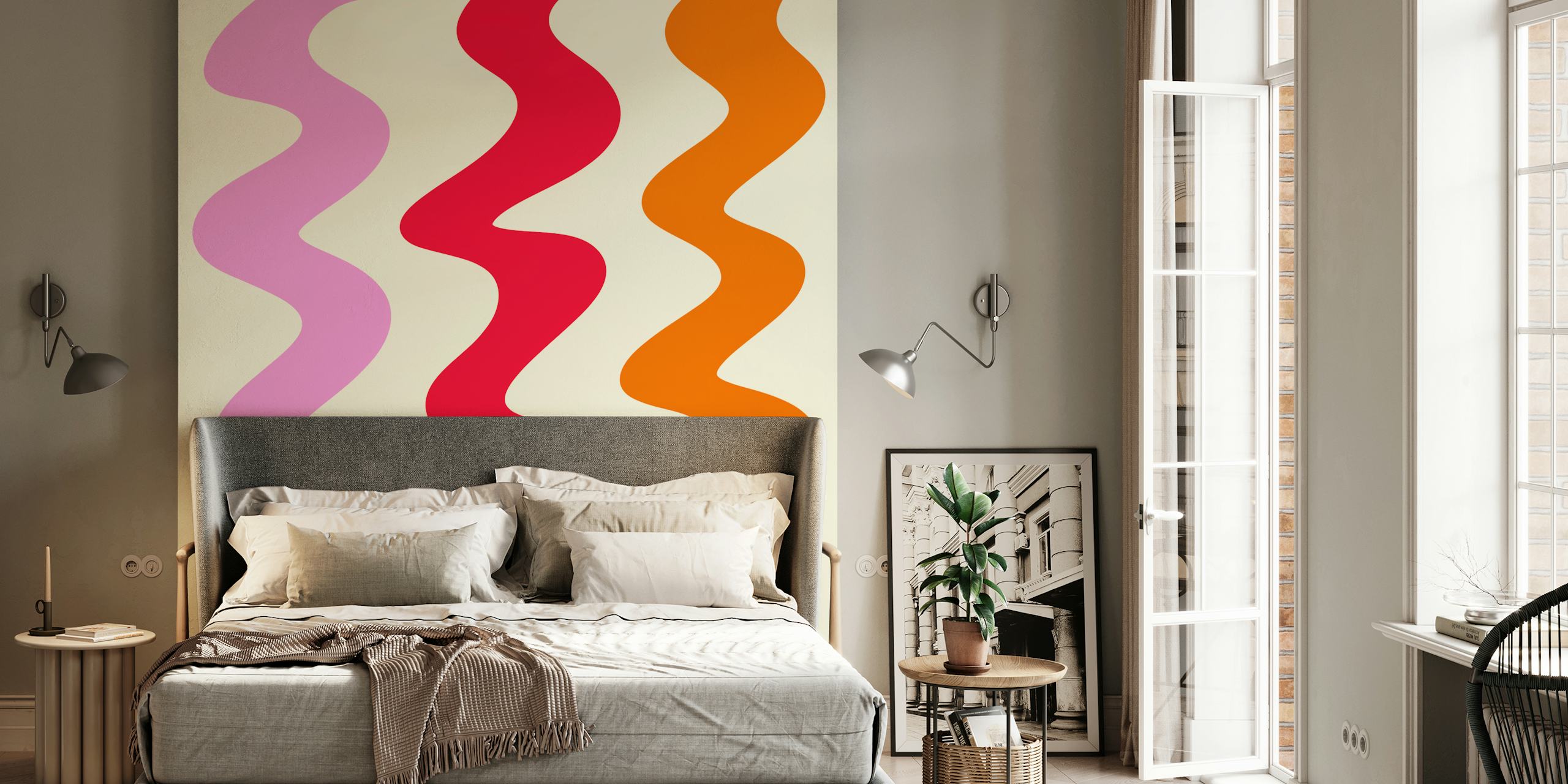 Wavy lines in pink, red, and orange on a light background wallpaper