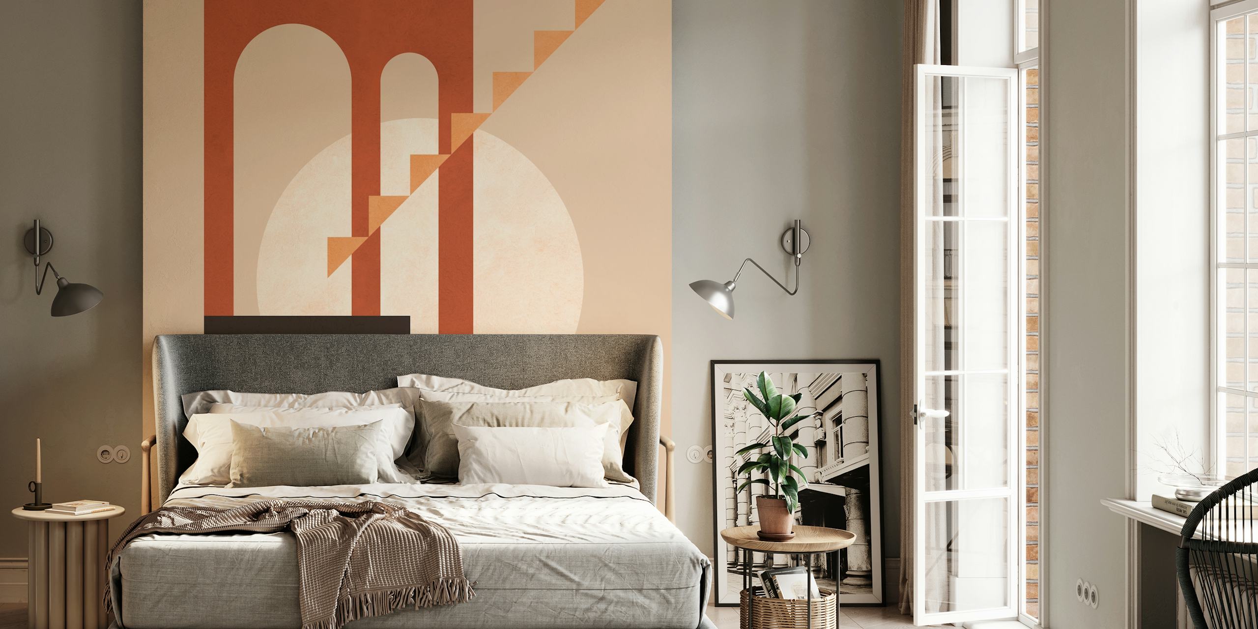 Geometric architectural shapes in earth tones on a beige background wallpaper