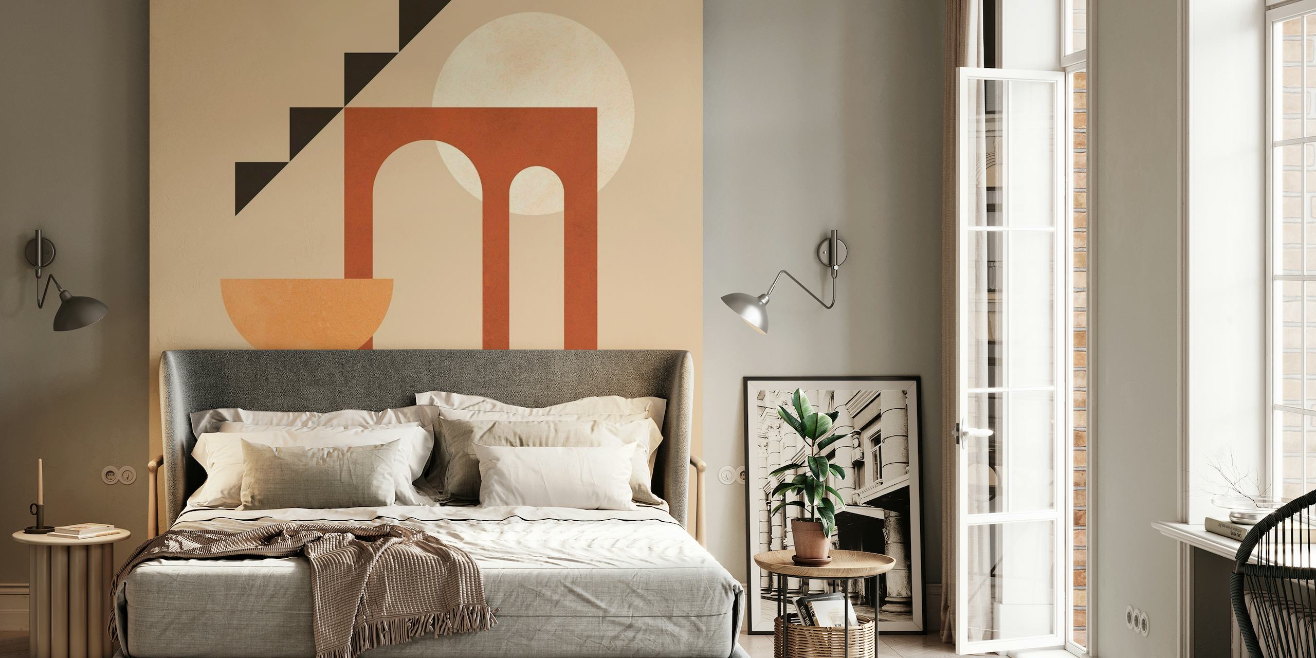 Minimalistisches architektonisches abstraktes Wandbild mit geometrischen Formen und erdigen Tönen