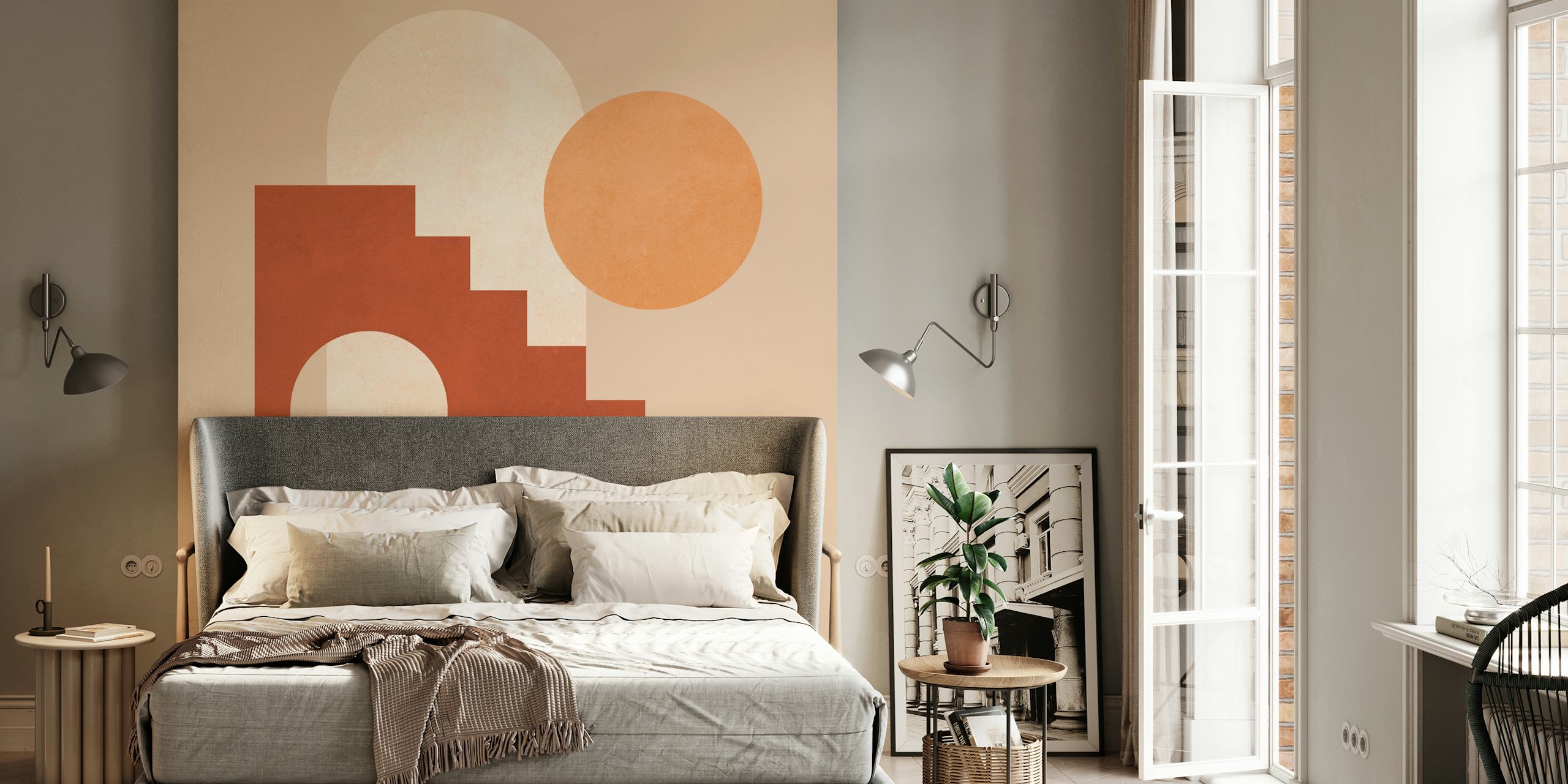 Modern geometric wallpaper with beige shapes and earthy tones