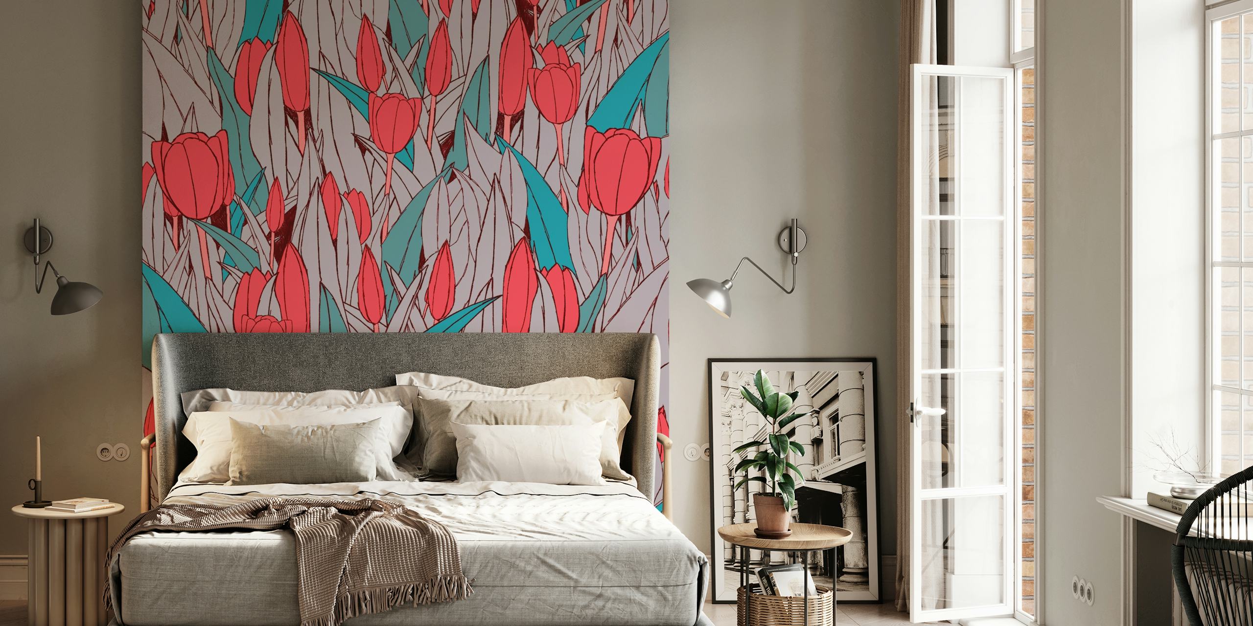 Red tulip wallpaper vist i et rom