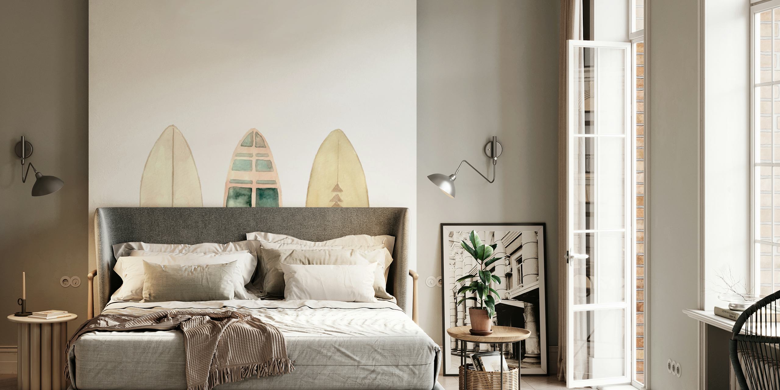 Surfboard wallpaper design in a room
