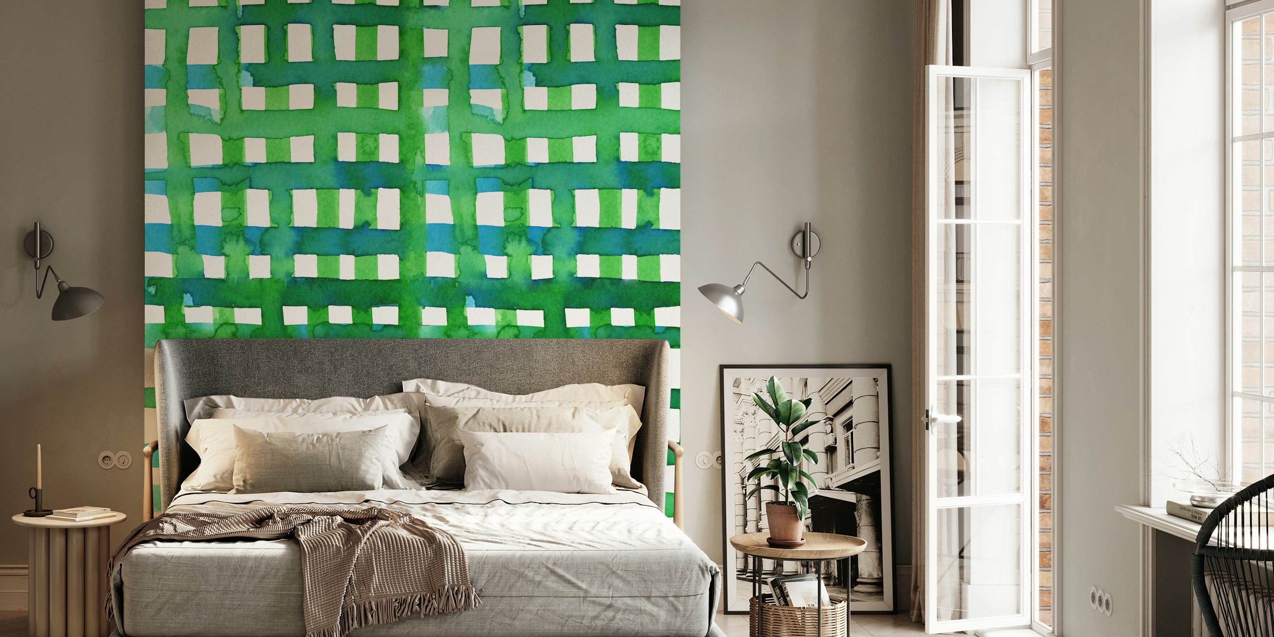 Green geometric grid pattern wallpaper with white squares