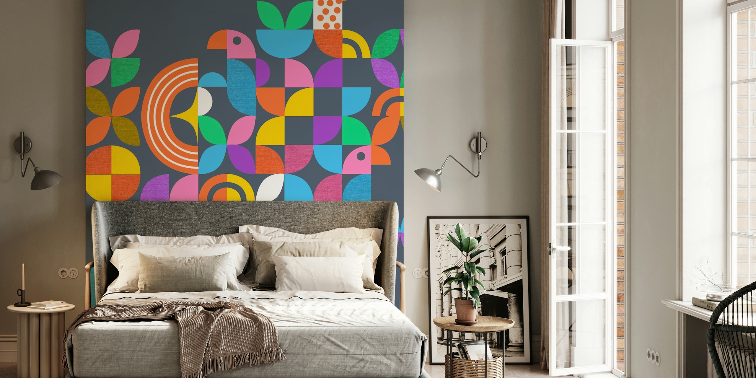 Colorful geometric birds and shapes wallpaper