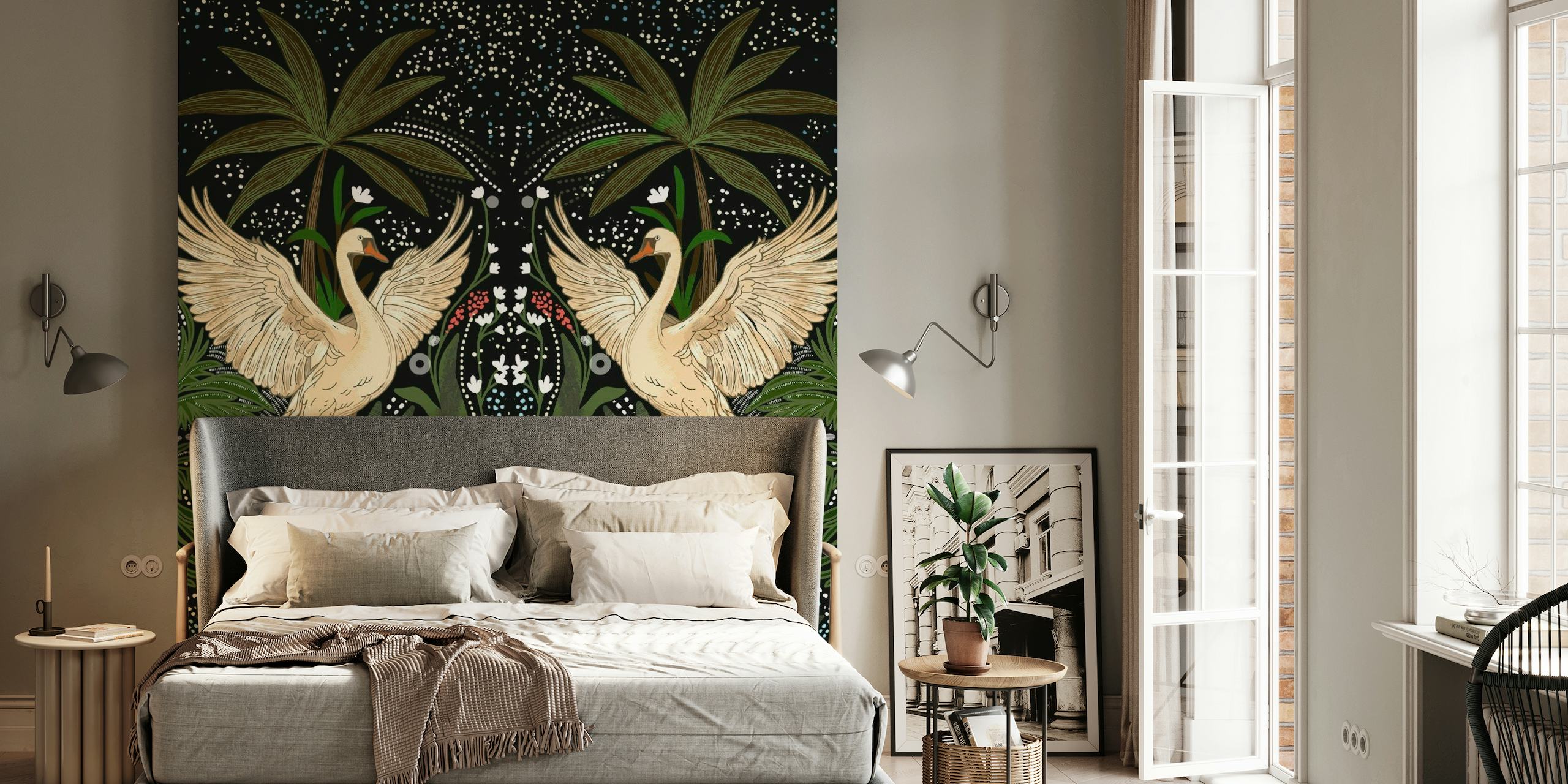 Elegant swans in a mystical garden wall mural