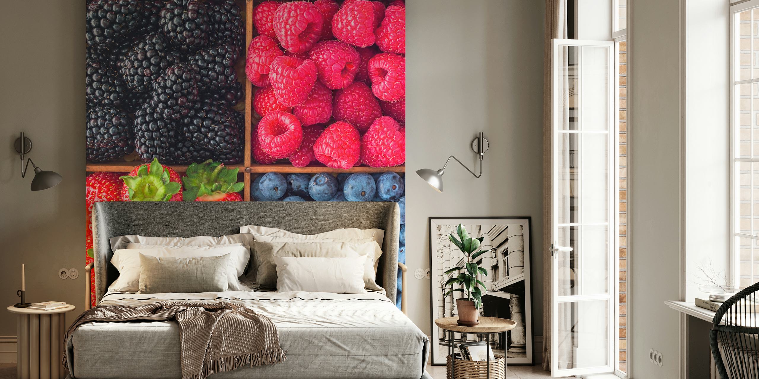 assorted berries in wooden boxes, red, black, blue, green wallpaper
