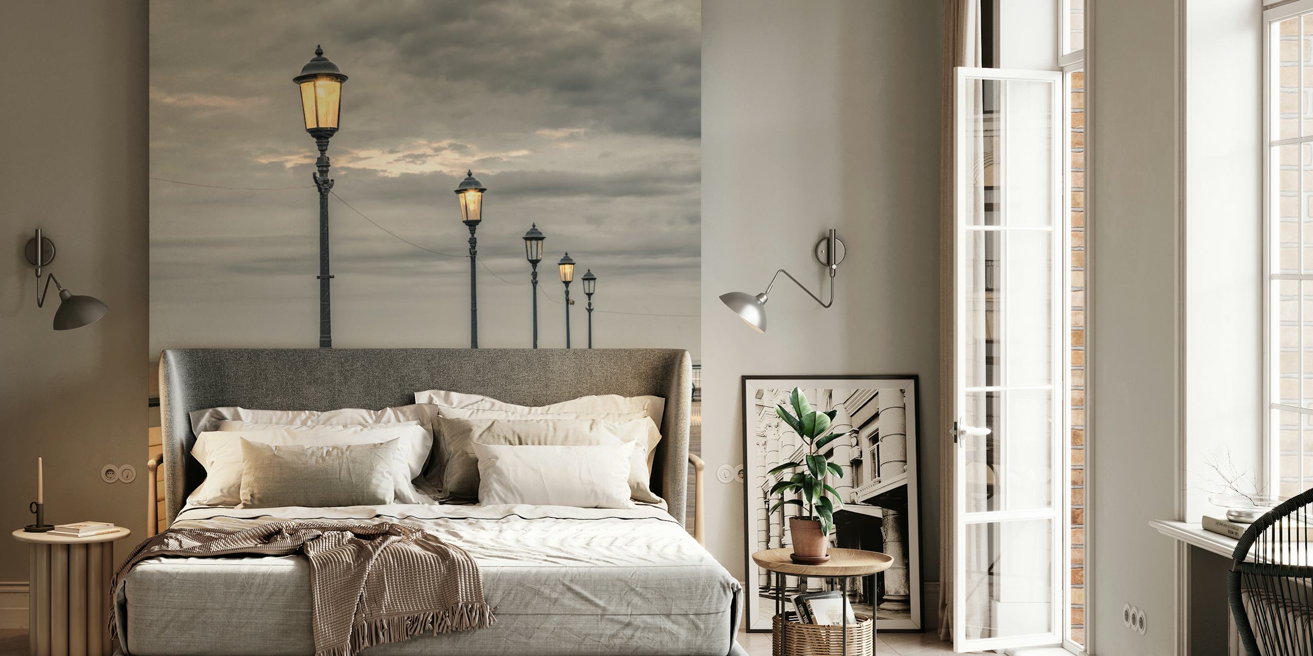 Eastbourne jetty with lampposts and wooden benches black and white wallpaper