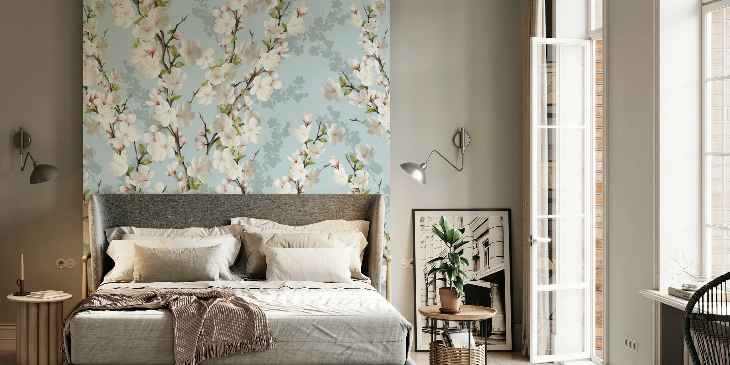 Cherry blossom wallpaper design on pale blue