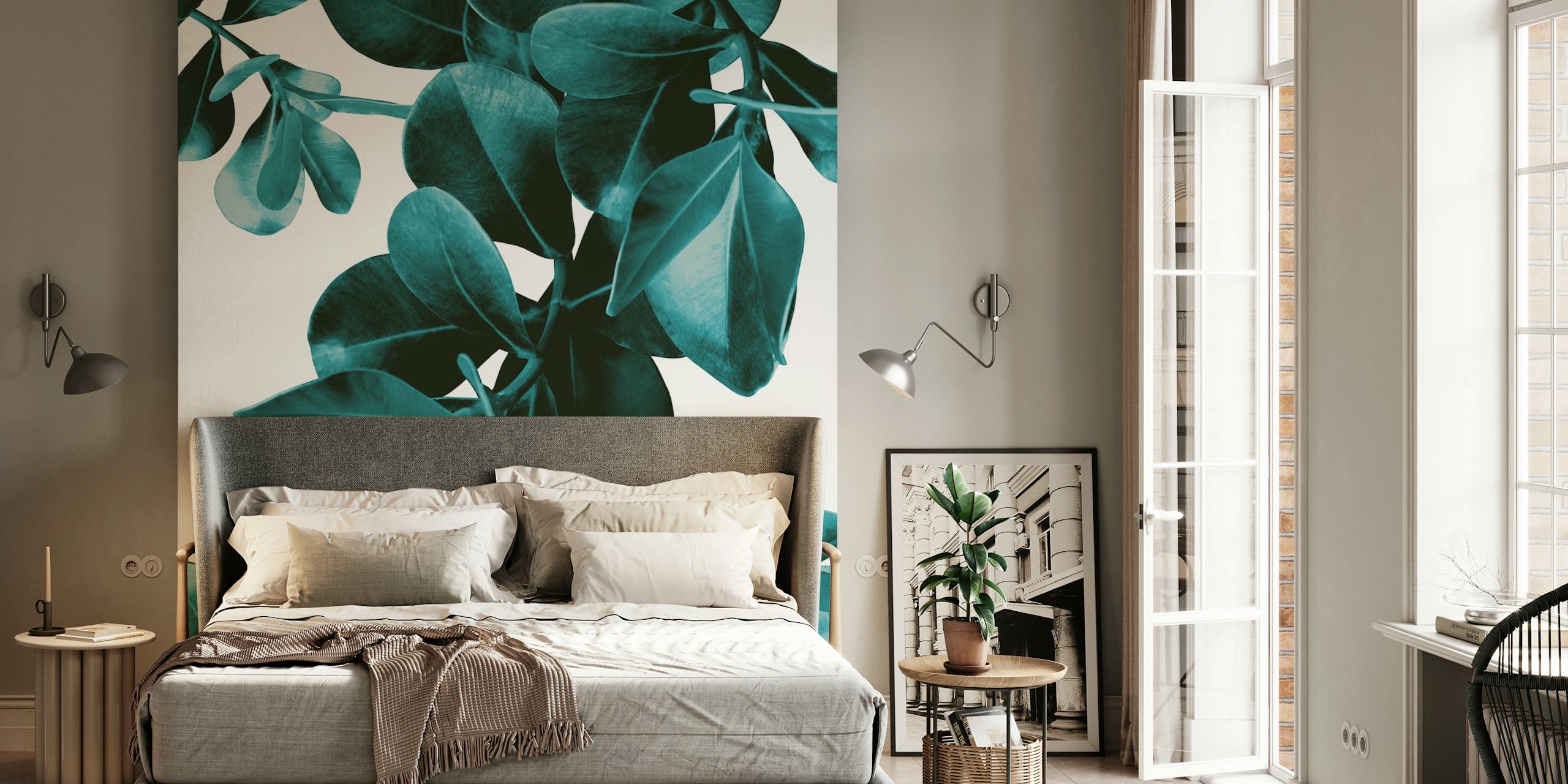 Teal Ficus leaves on a white background wallpaper