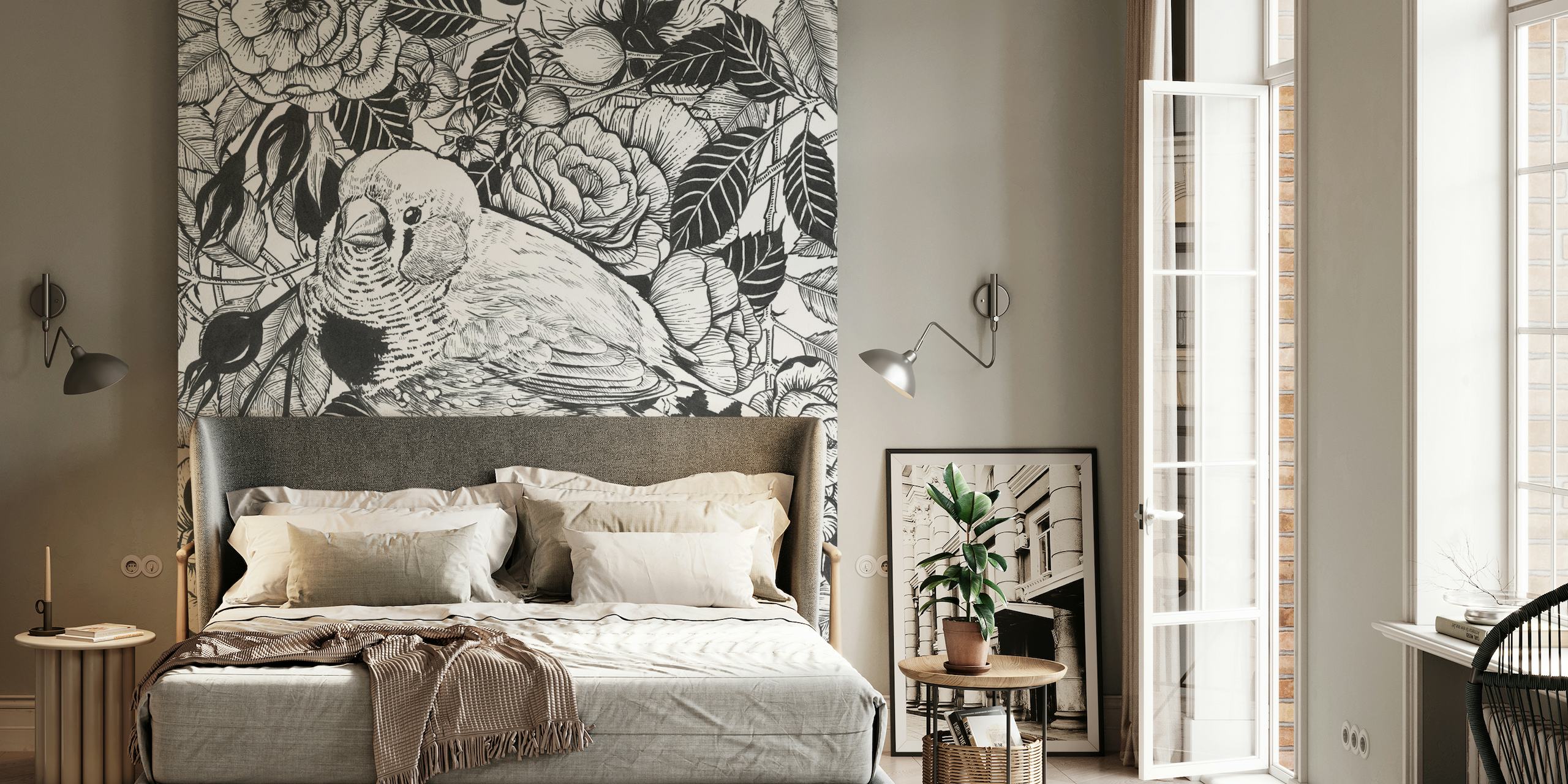 Ink drawing of a zebra finch among floral patterns wall mural