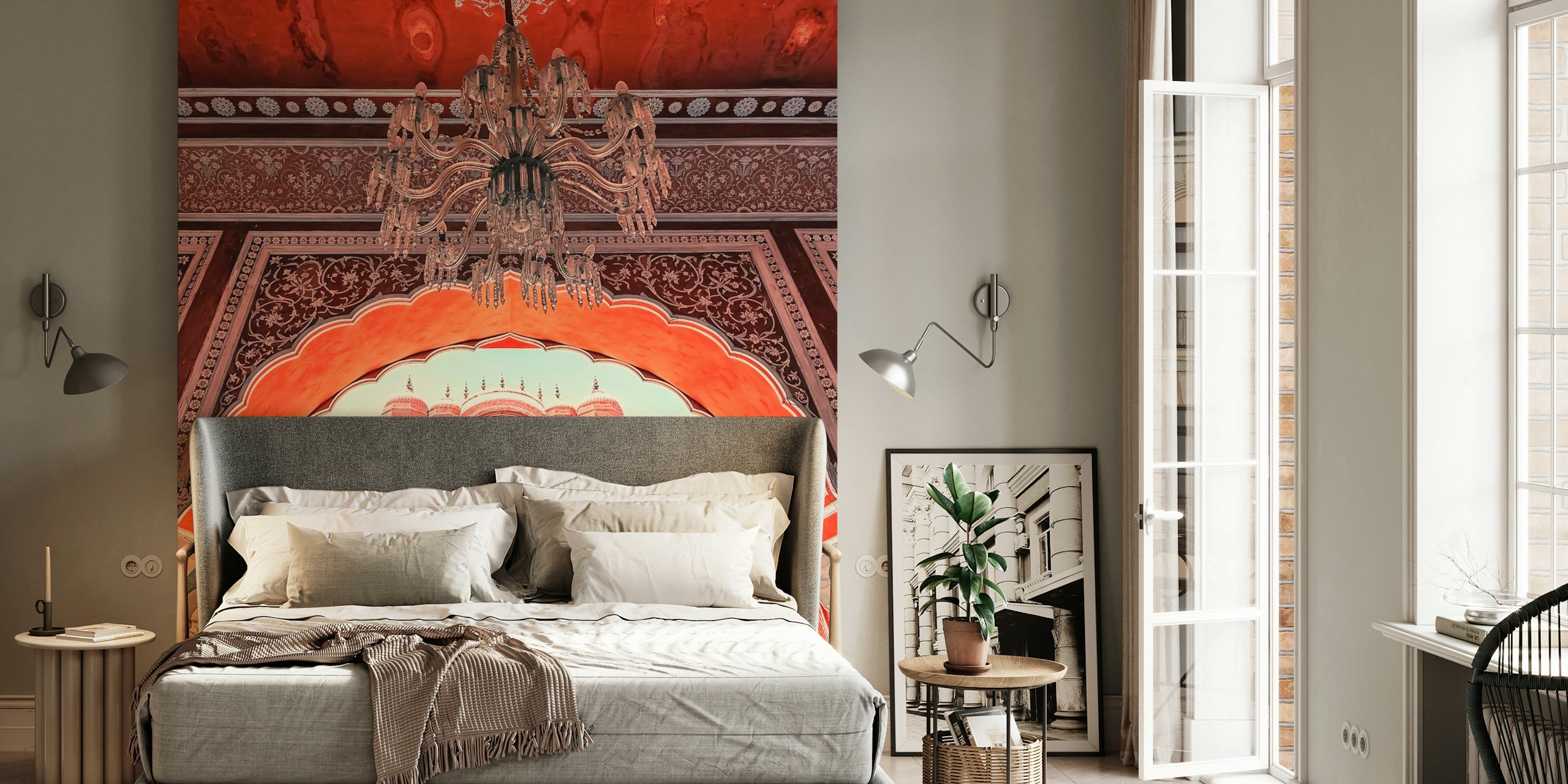 Intricate architecture with warm colors and chandelier wallpaper