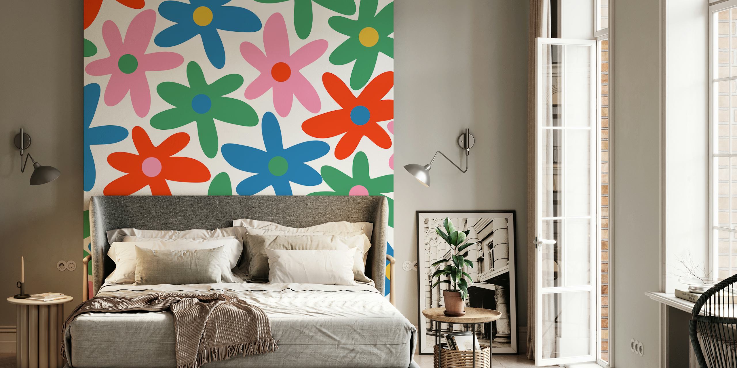 Colorful floral pattern with pink, red, blue, and green flowers wallpaper