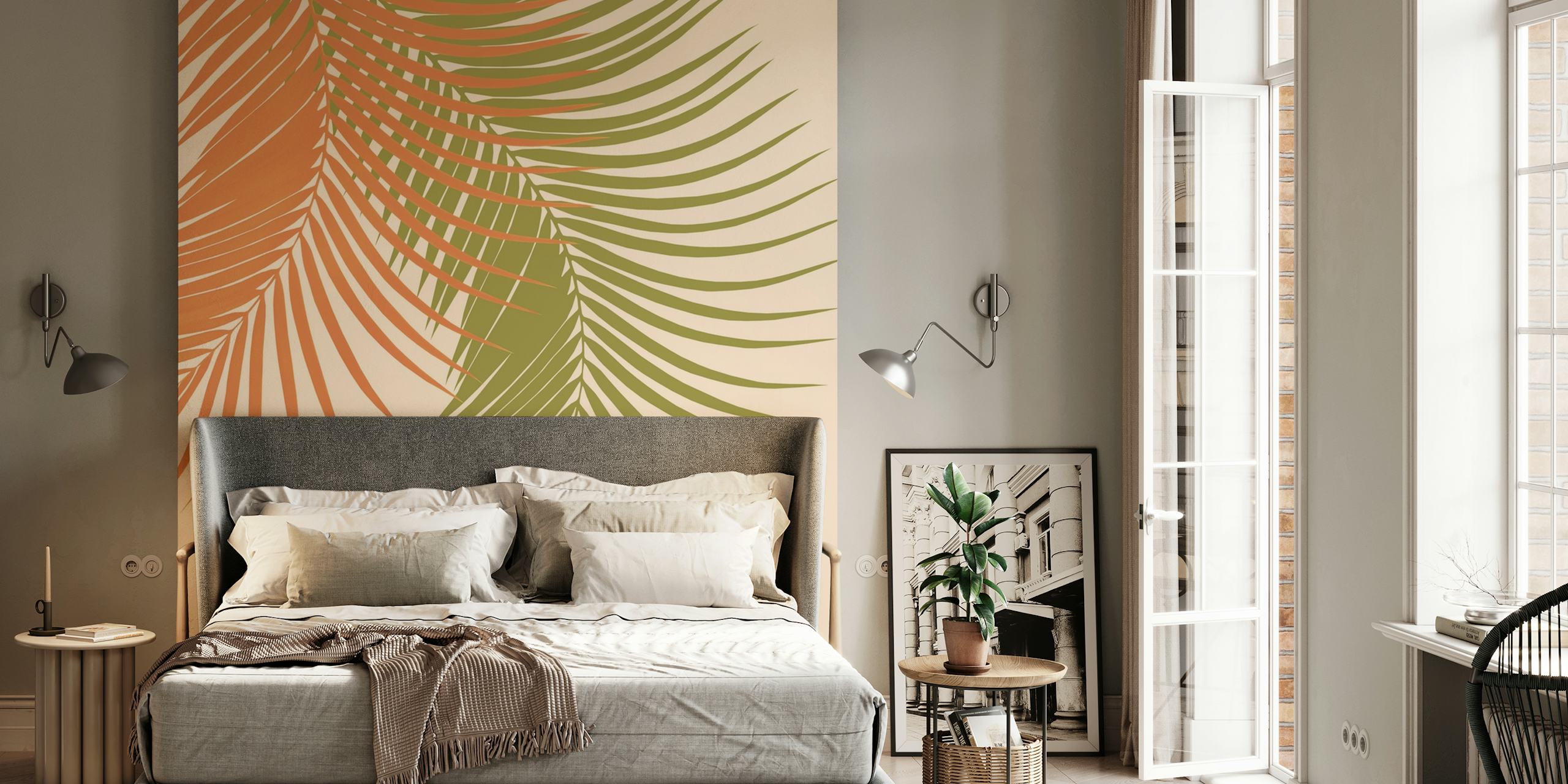 Palm leaves in orange and green on beige background wallpaper