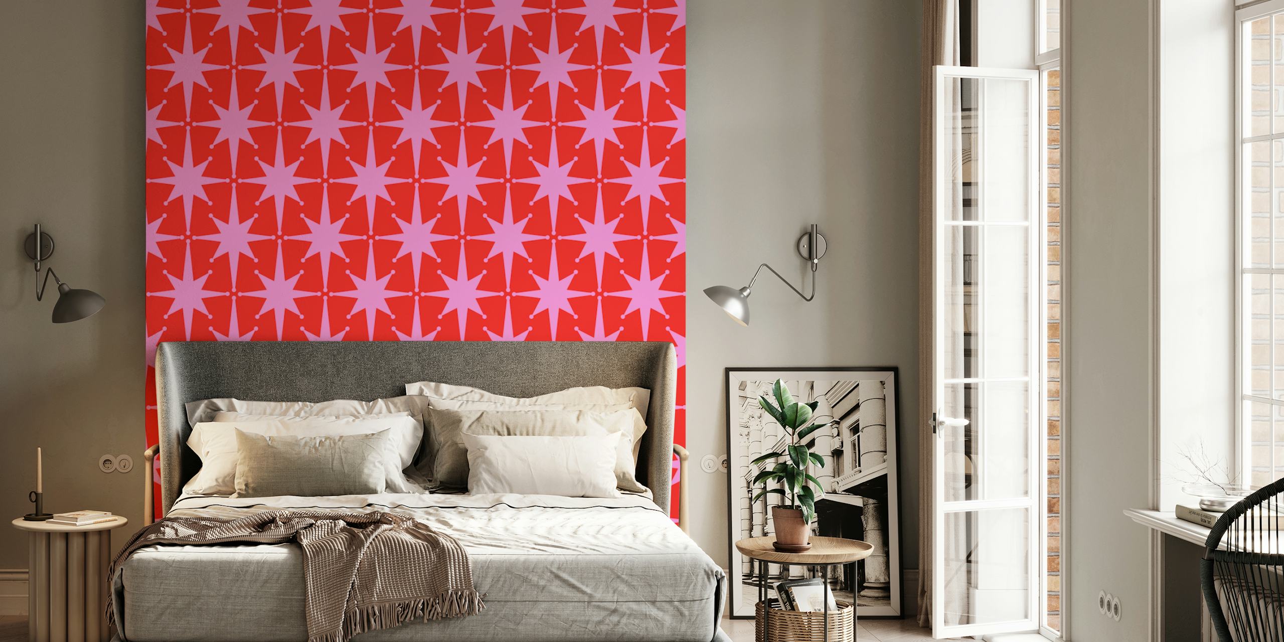 Red and pink star pattern wallpaper in midcentury style
