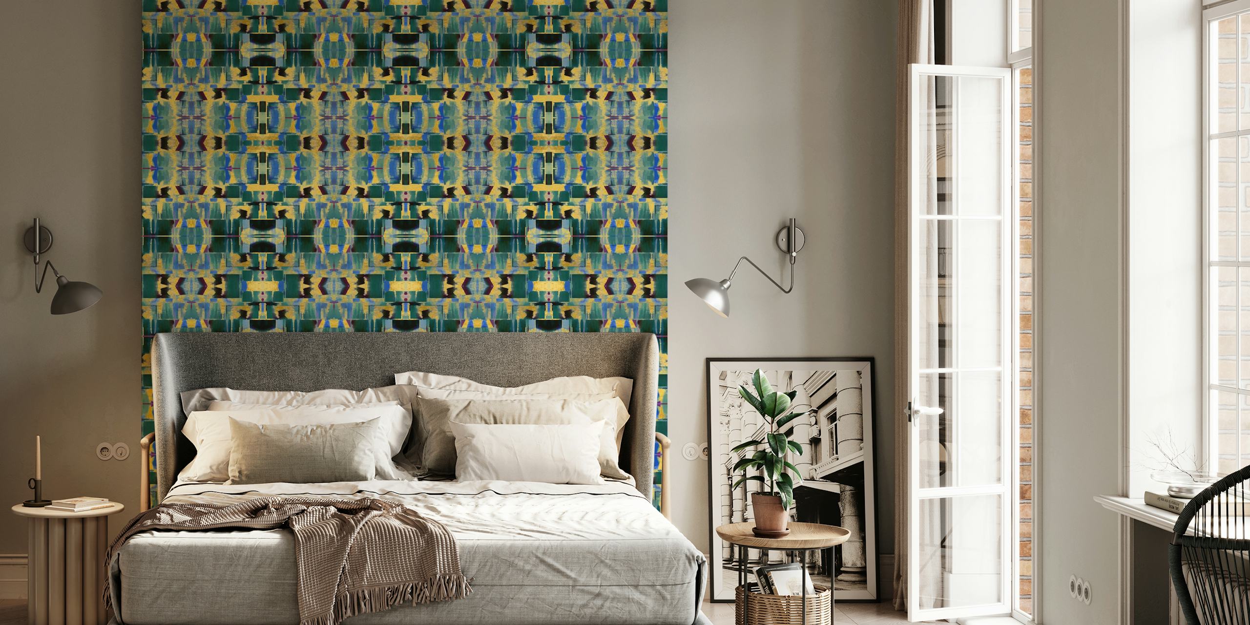 Art Deco geometric pattern in gold and blue wallpaper