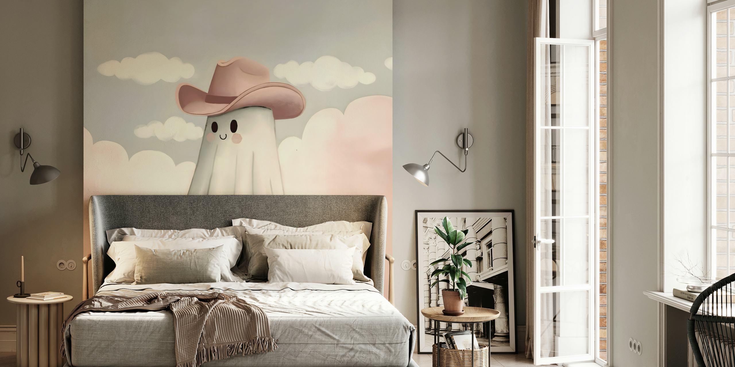 Cartoon ghost with a pink cowboy hat and fluffy clouds wallpaper