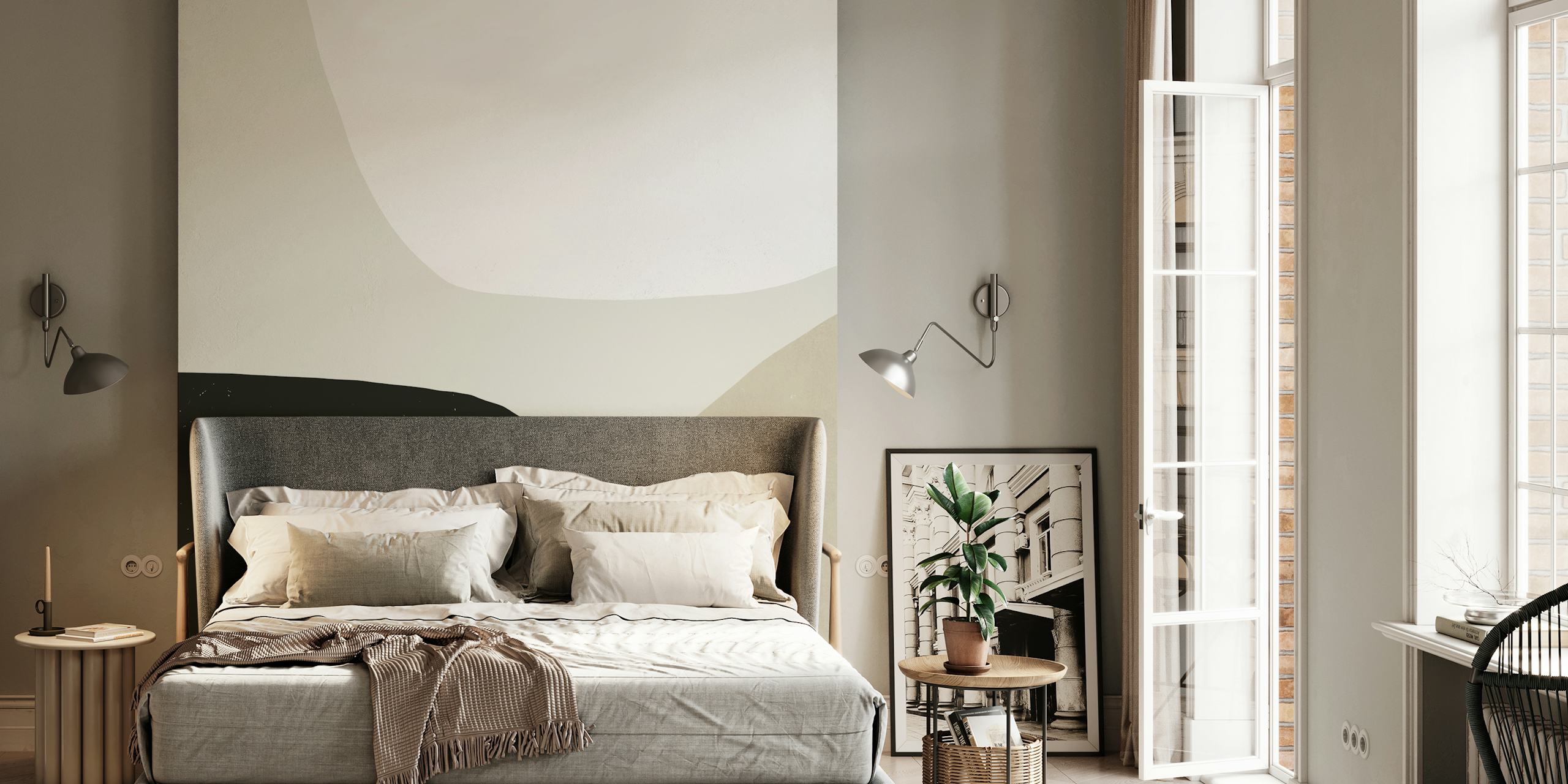 Abstract shapes in black, white, and beige tones wallpaper