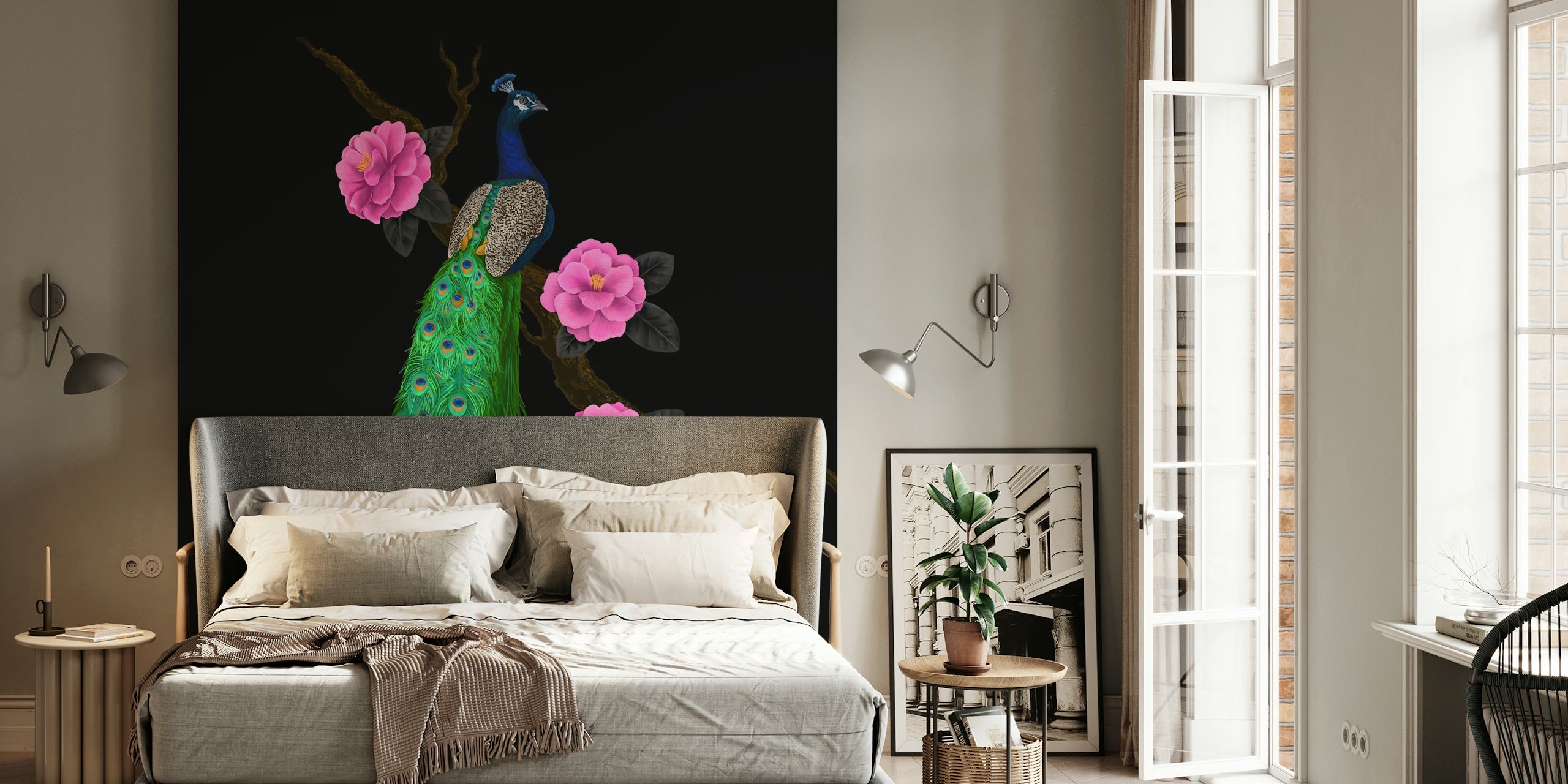 Peacock with camellia flowers in a room