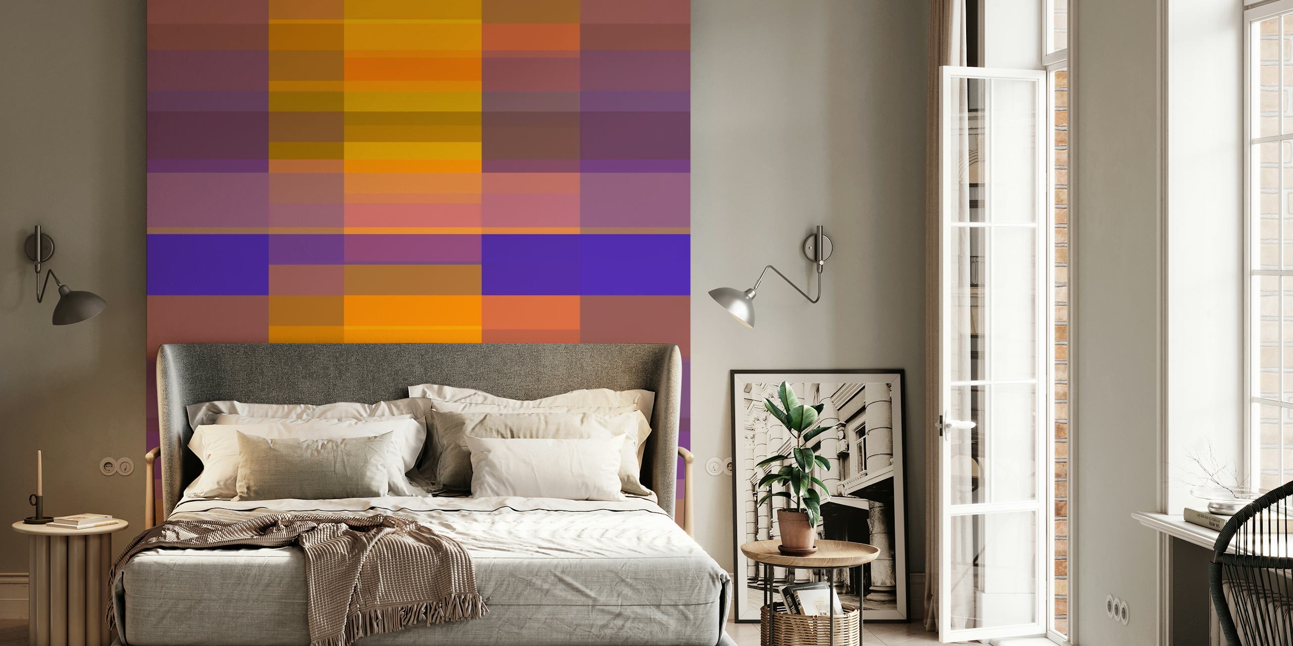 Sunset pixel art wallpaper in a room