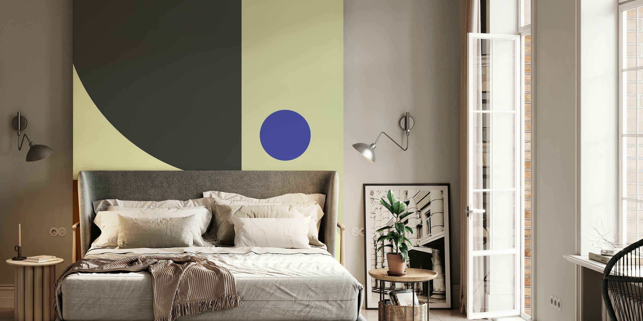 Abstrakte geometriske former vægmaleri med creme, marineblå og varme jordfarver