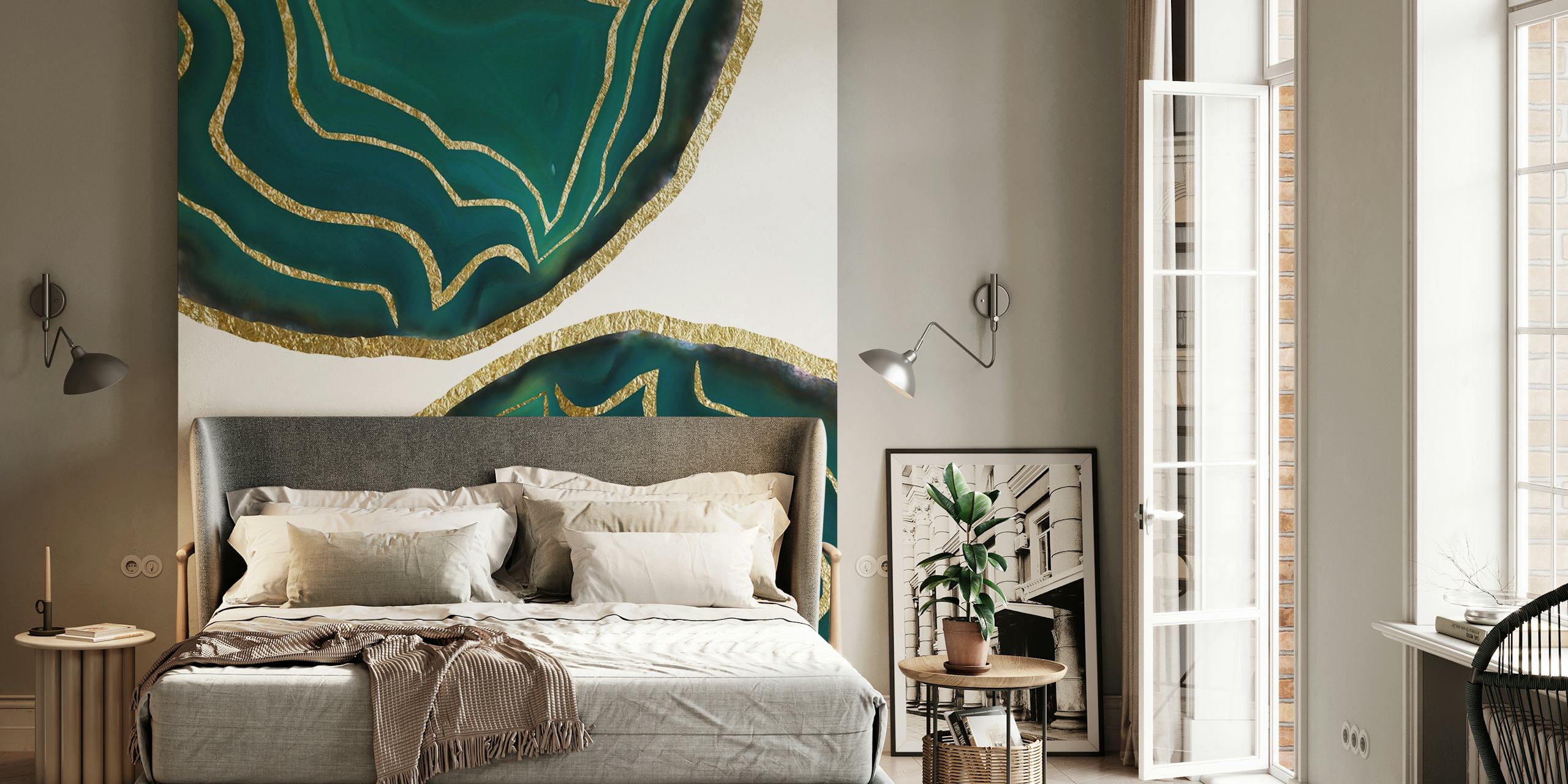 Green Blue Agate Gold Glam Tapete in einem Raum