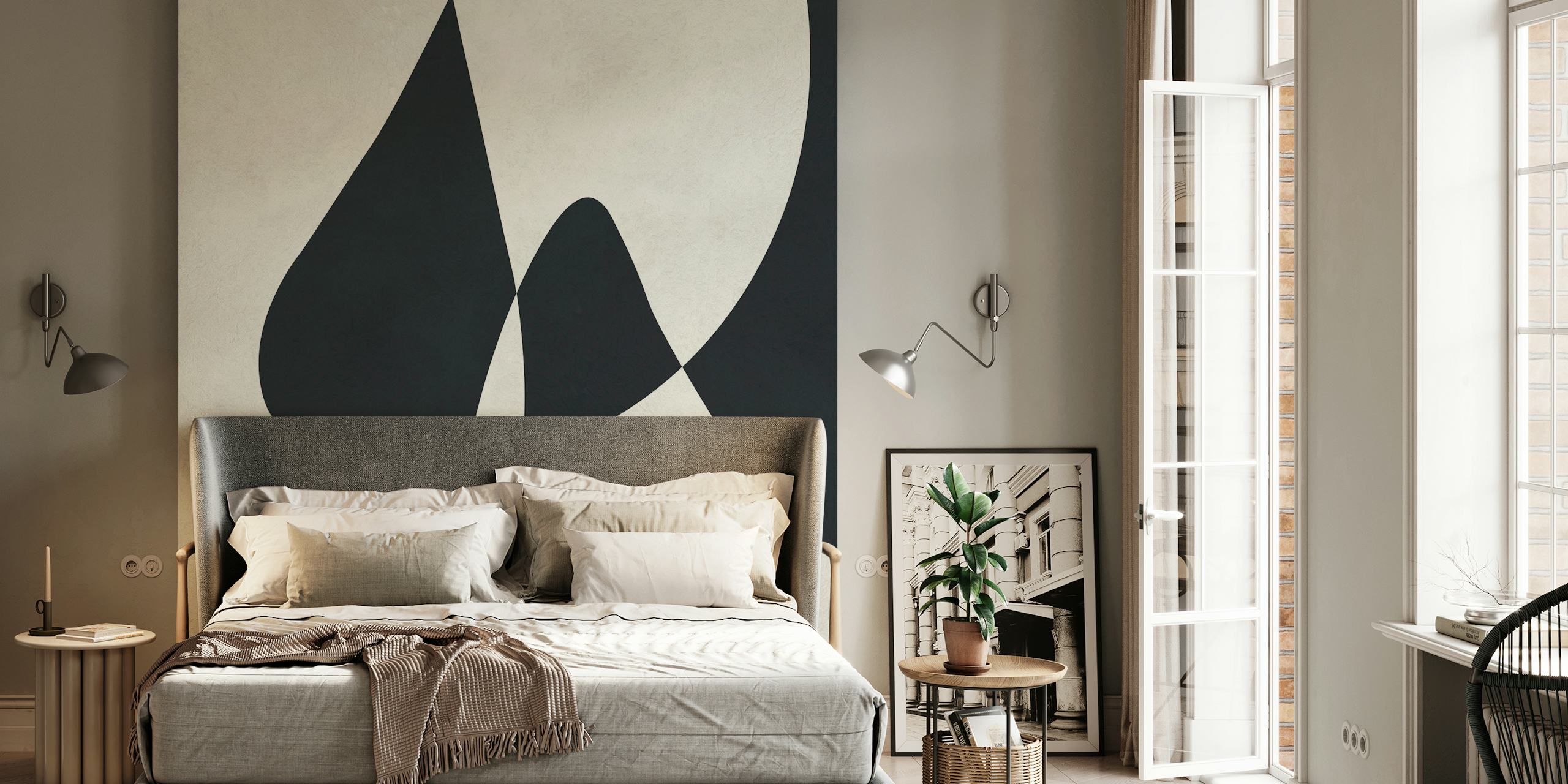 Papel de parede Monochrome Abstract Curves em um quarto