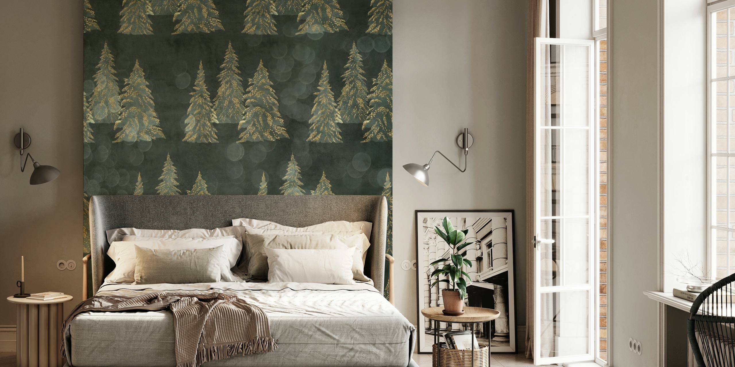 Ταπετσαρία Snowy Winter Trees - Dark Green σε ένα δωμάτιο