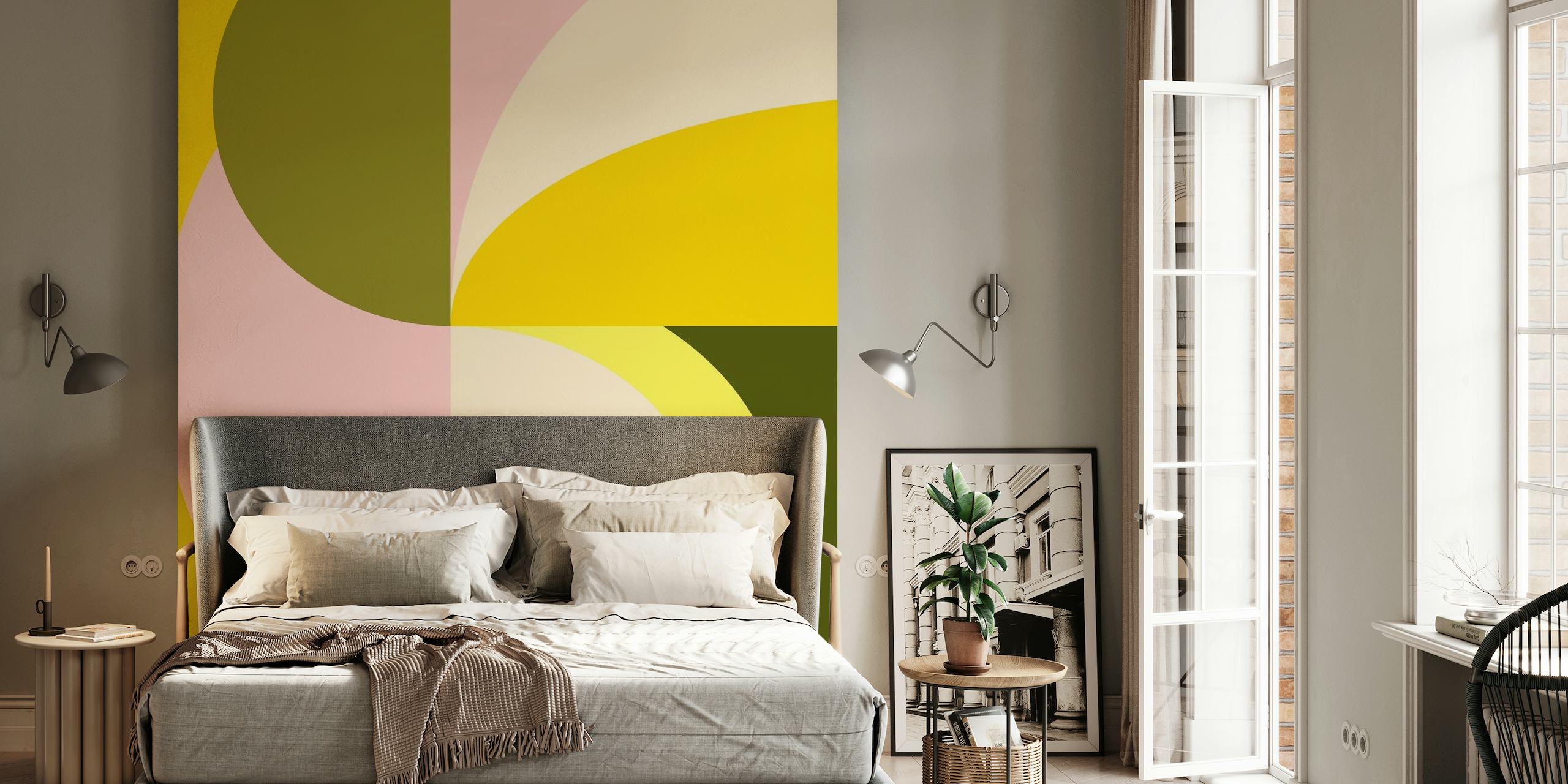 Mural de parede de formas geométricas abstratas com cores cítricas, incluindo tons de amarelo, rosa e verde