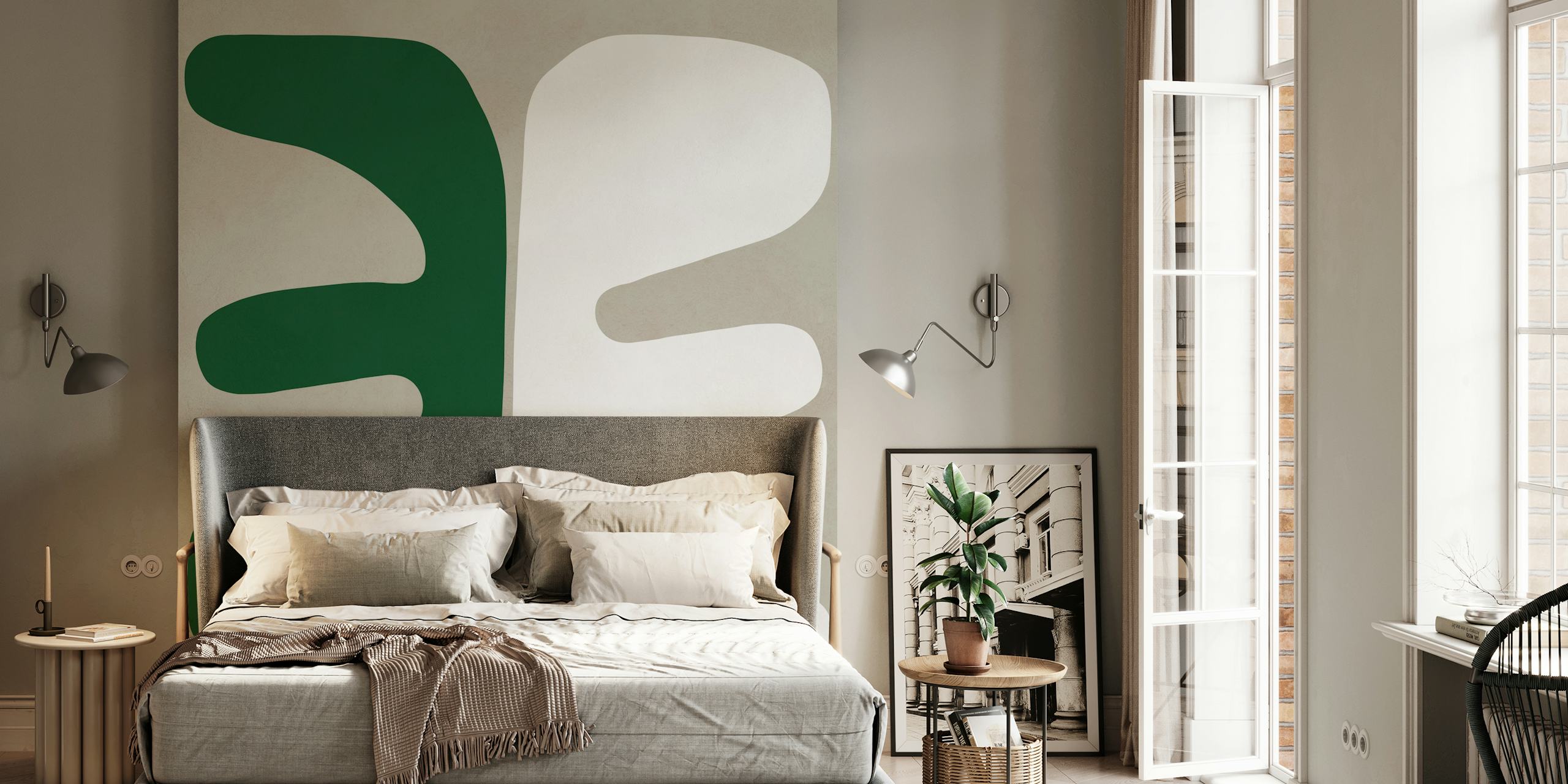Green and white abstract shapes on a beige background wallpaper