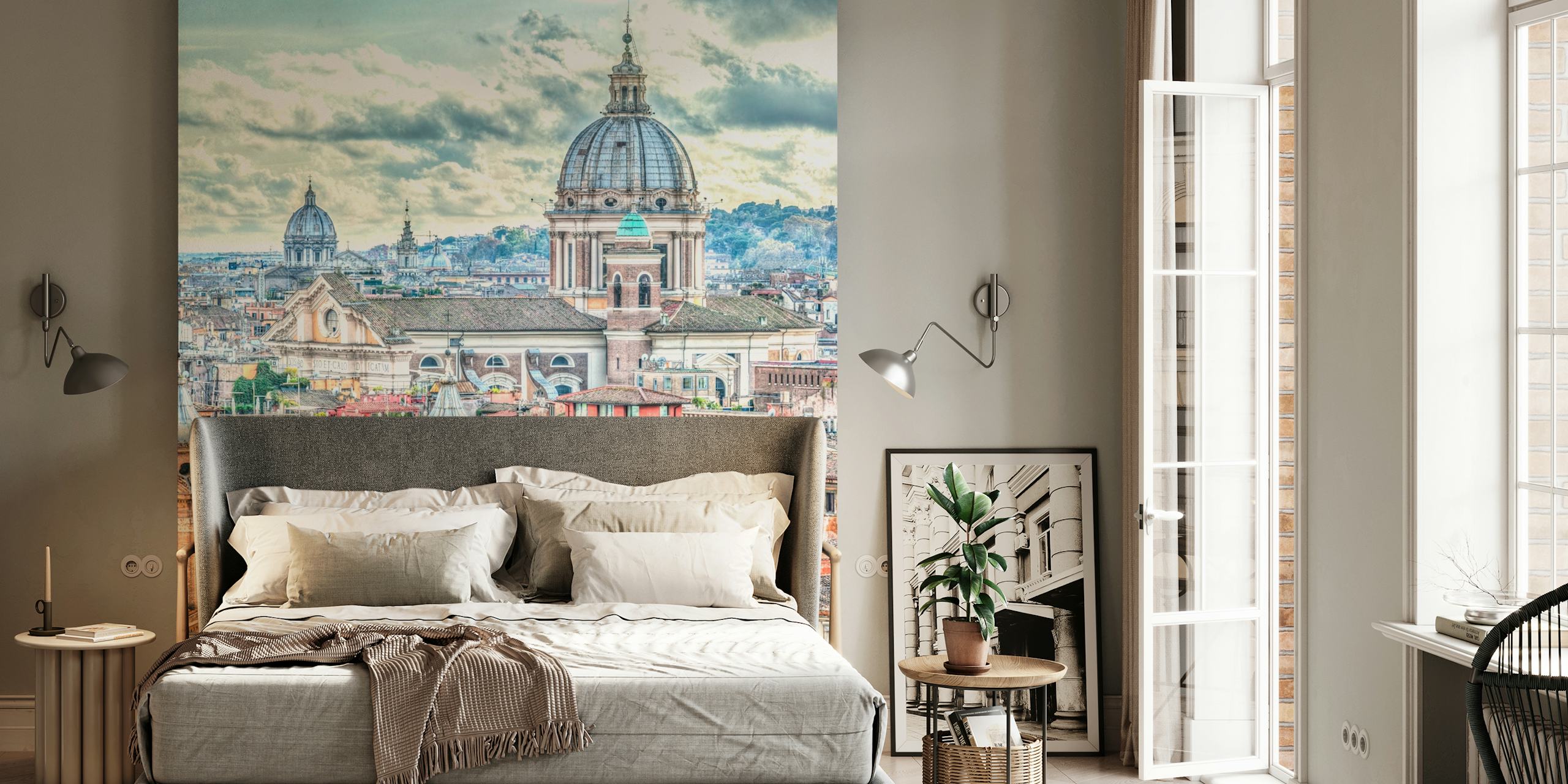 Urban skyline wallpaper with soft pastel colors and historic buildings