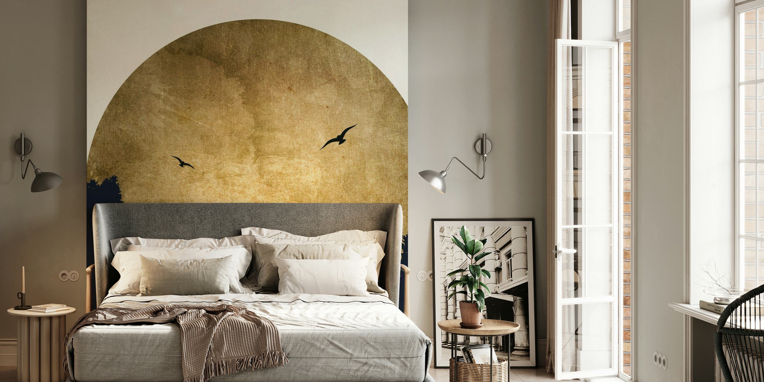 Sepia-toned sunrise wall mural with birds in silhouette