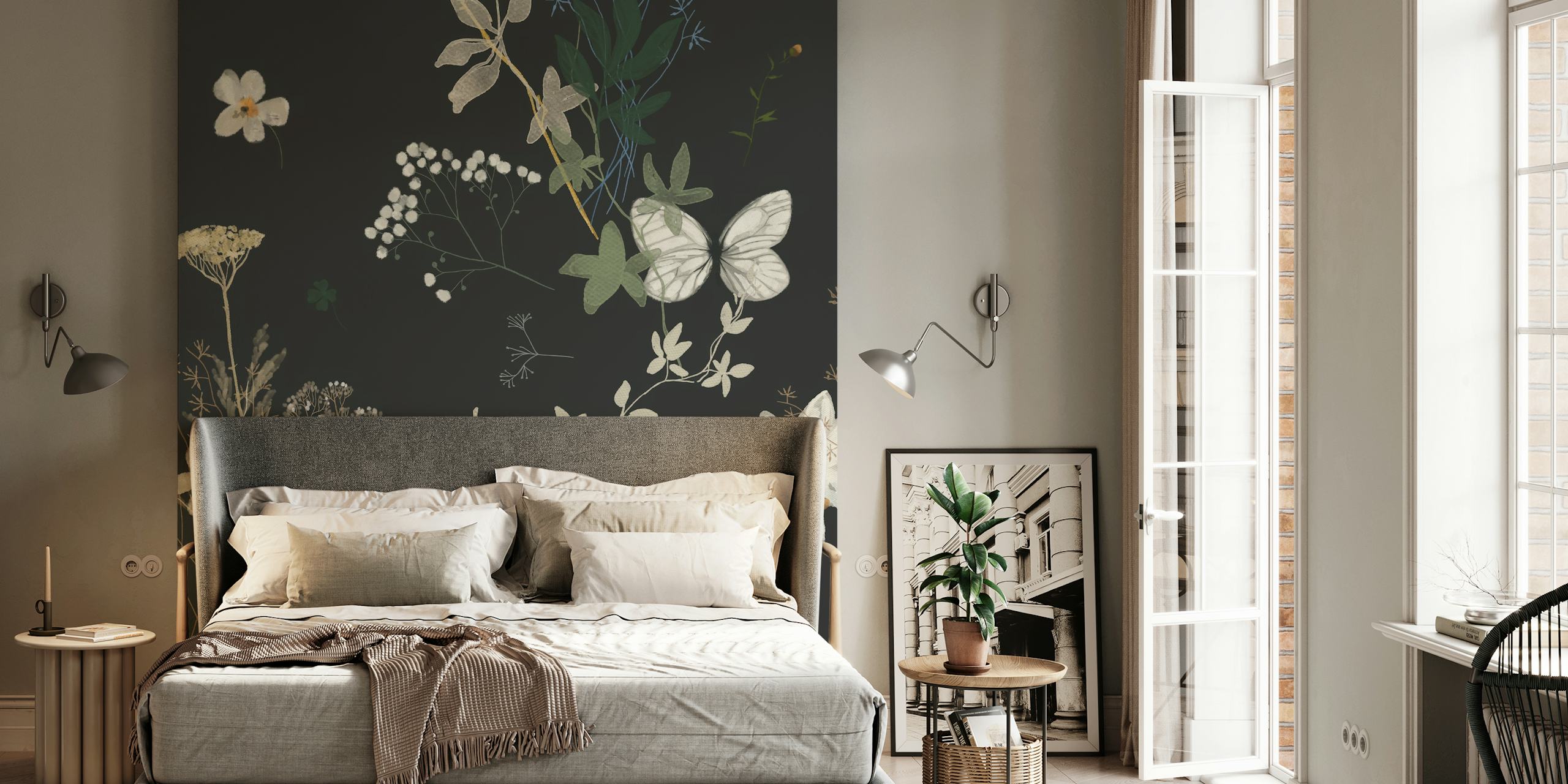 Delicate floral and butterfly patterns on black background wallpaper