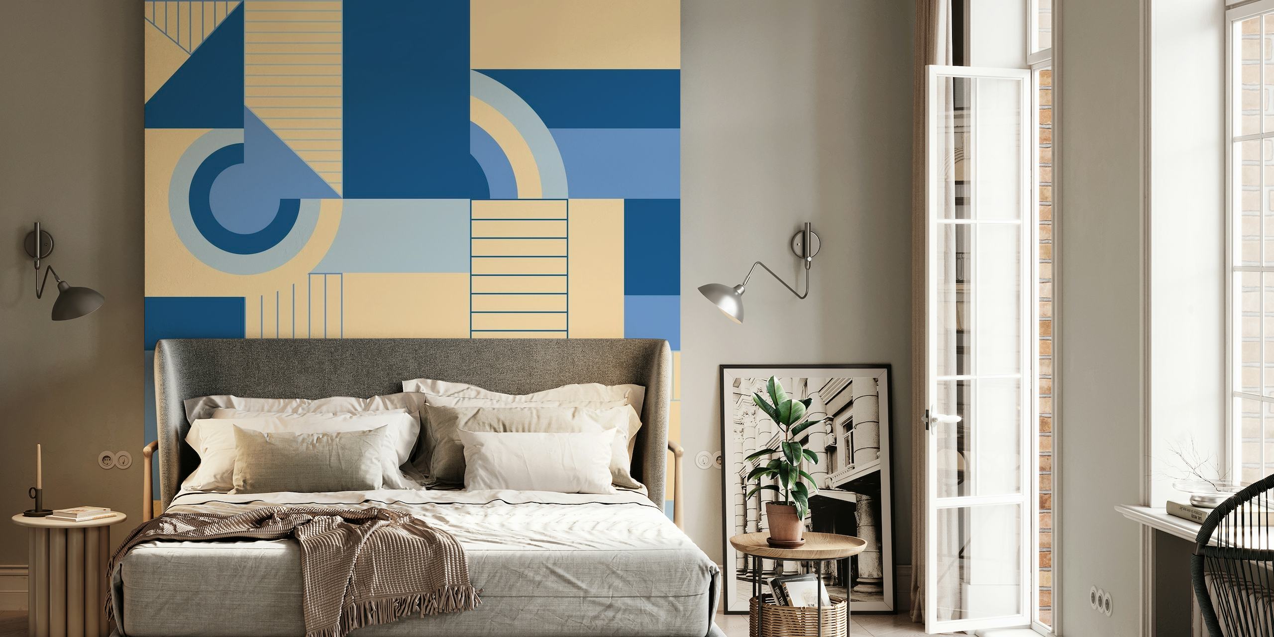 Abstrakti geometrinen seinämaalaus rauhoittavilla sinisen sävyillä ja neutraaleilla sävyillä, nimeltään "Calming Blocks"