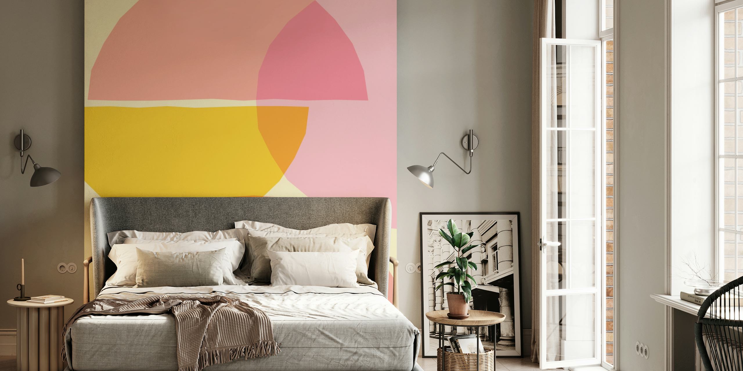 Pastel geometric shapes in pink, yellow, and peach wallpaper