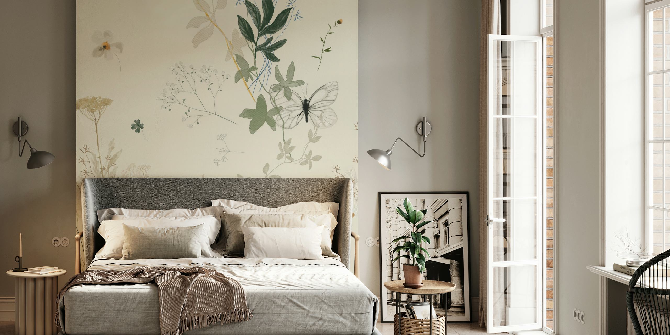 Sage green wallpaper with floral and butterfly motifs