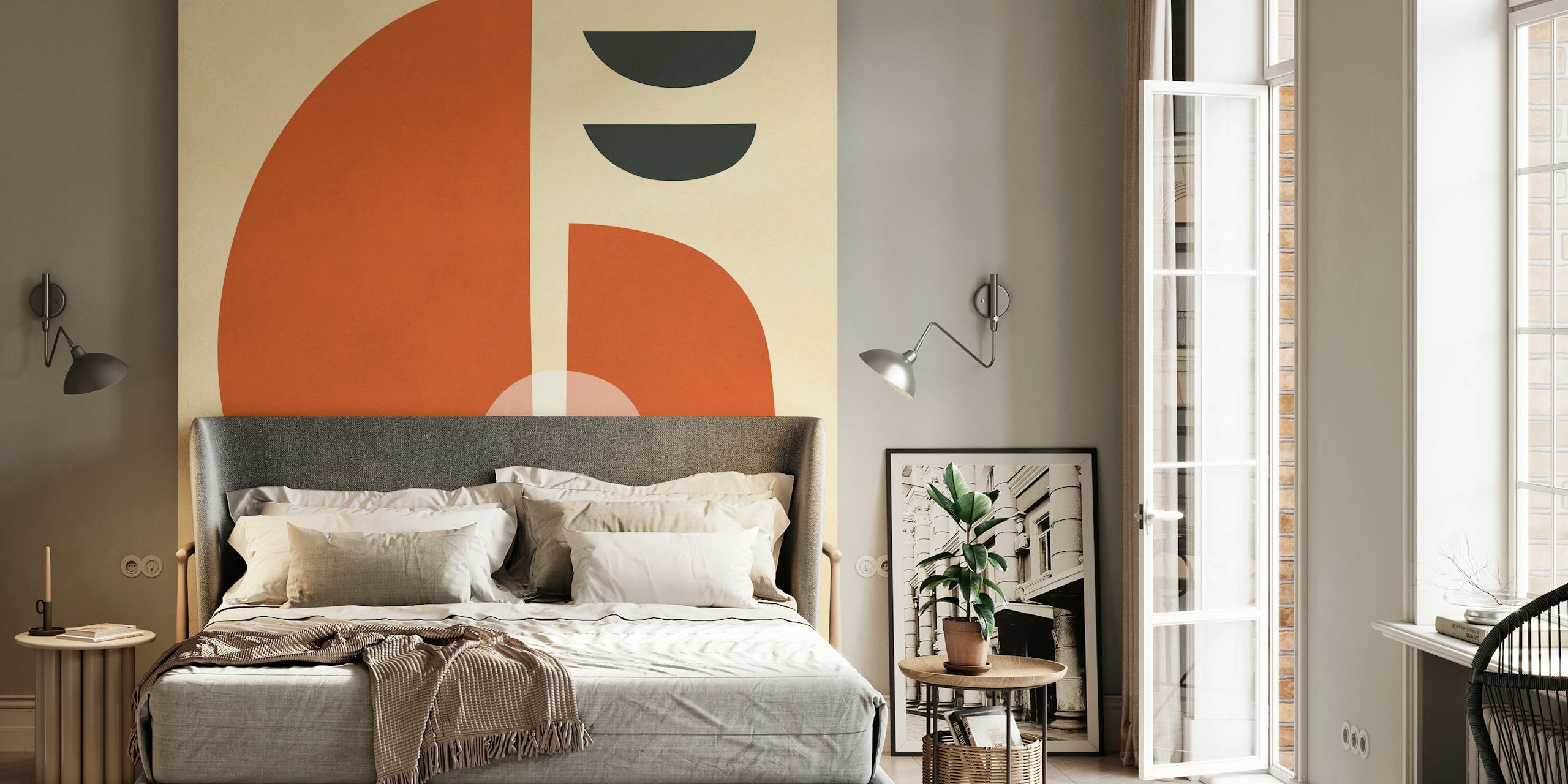 Earthy geometric shapes in orange, white, and black wallpaper