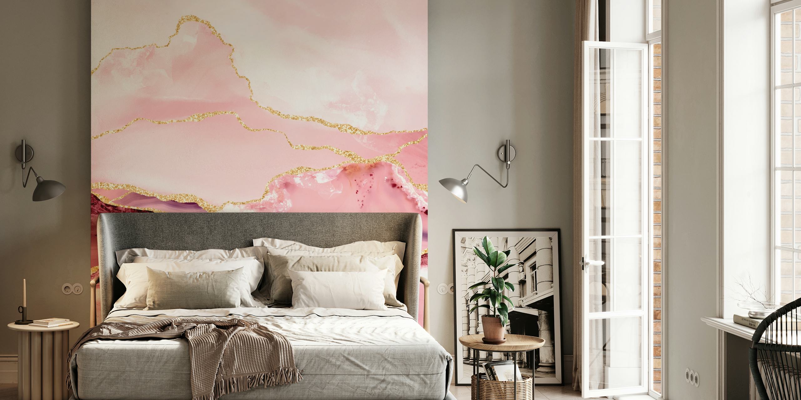 Blush Pink Marble Gold Pattern em um quarto