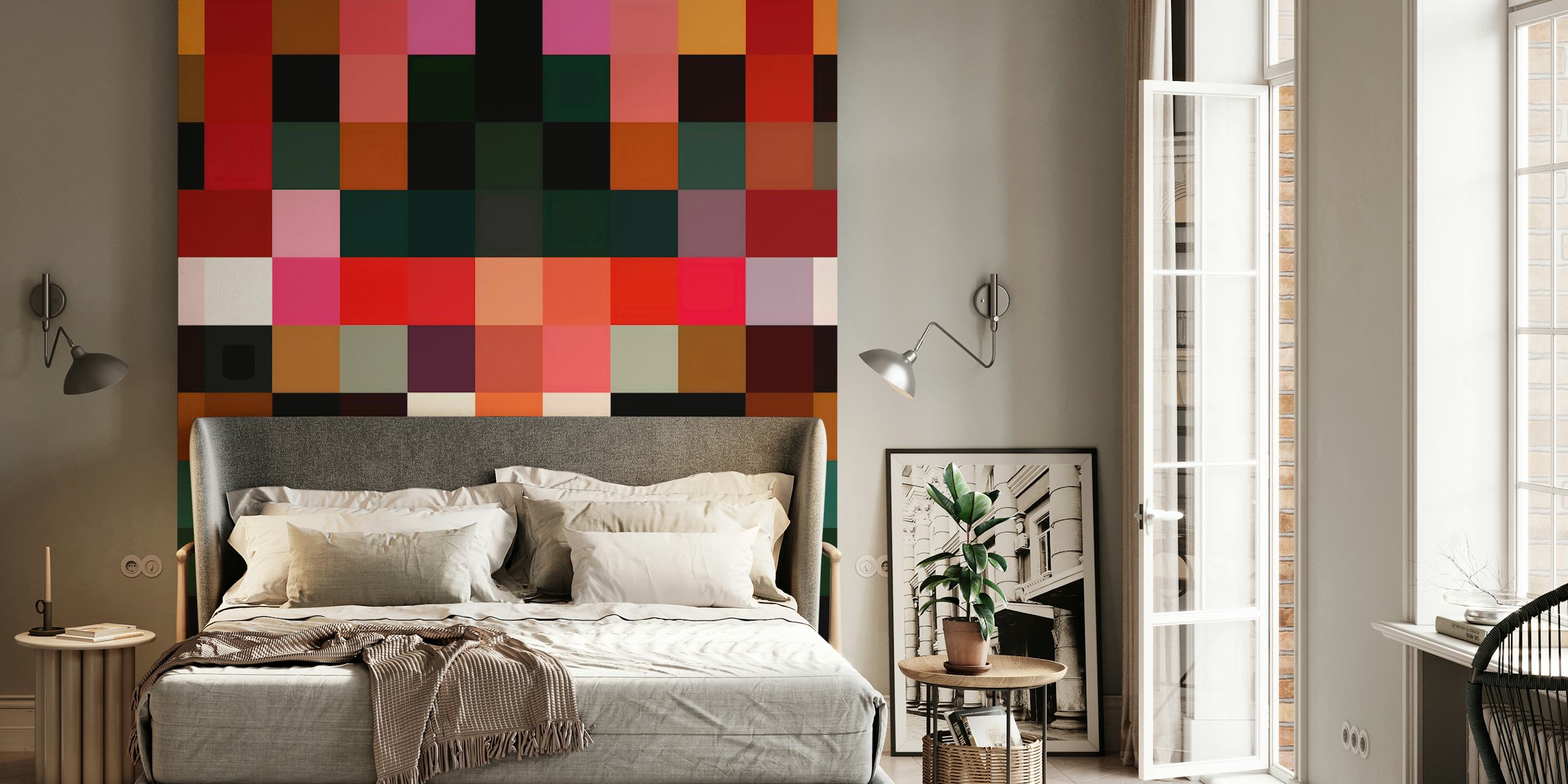 Colorful abstract artwork with vibrant hues of red, pink, and green wallpaper