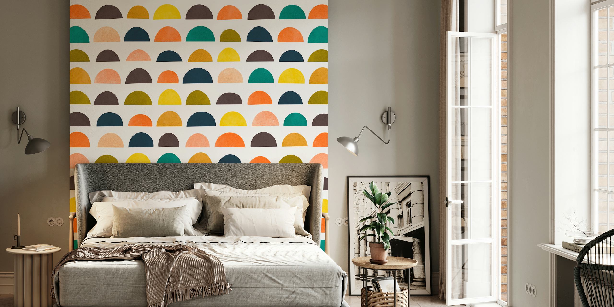 Geometric colorful circles in green, orange, navy, and yellow wallpaper