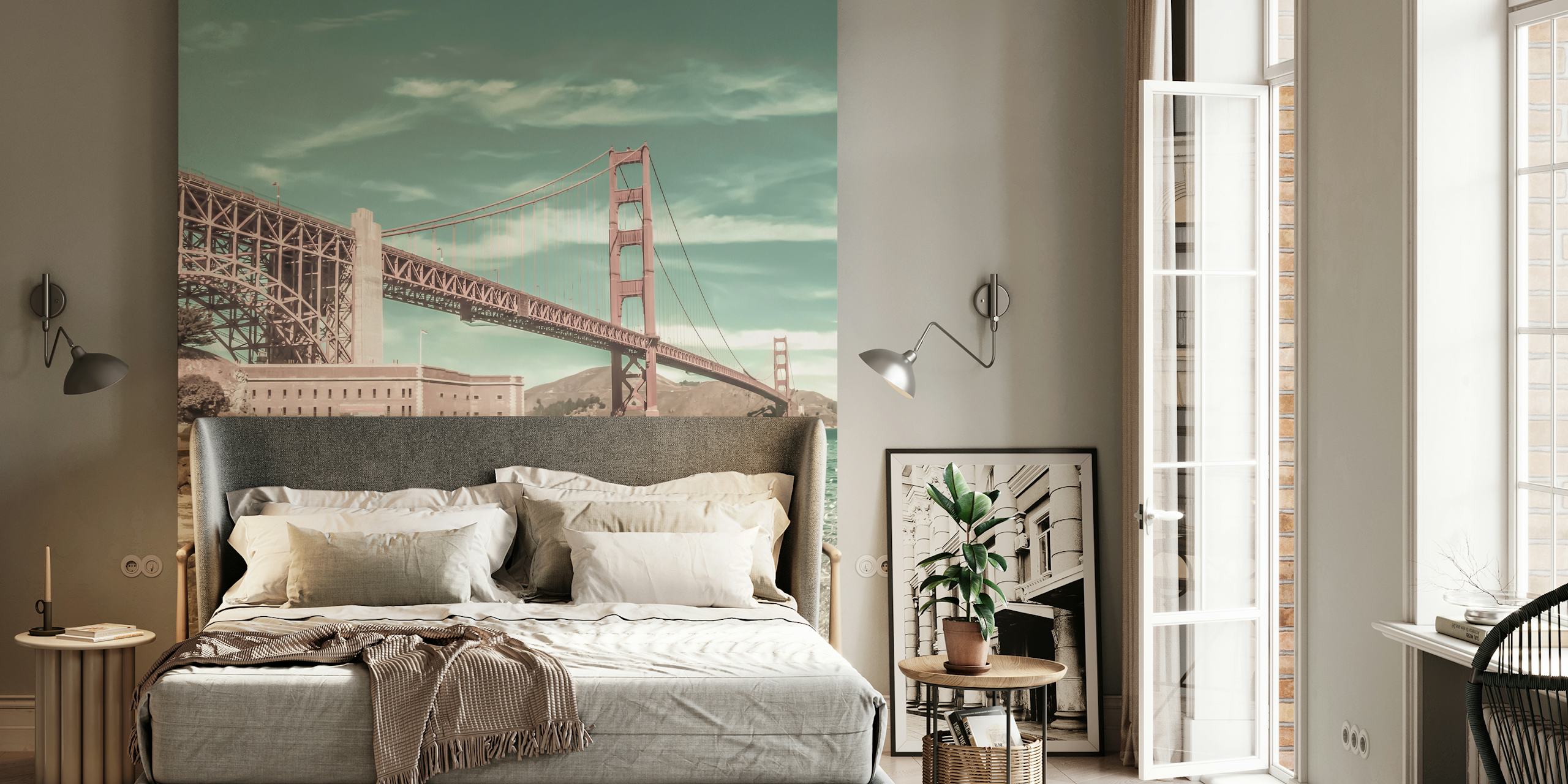 Golden Gate Bridge over coastline with waves, vintage style wallpaper